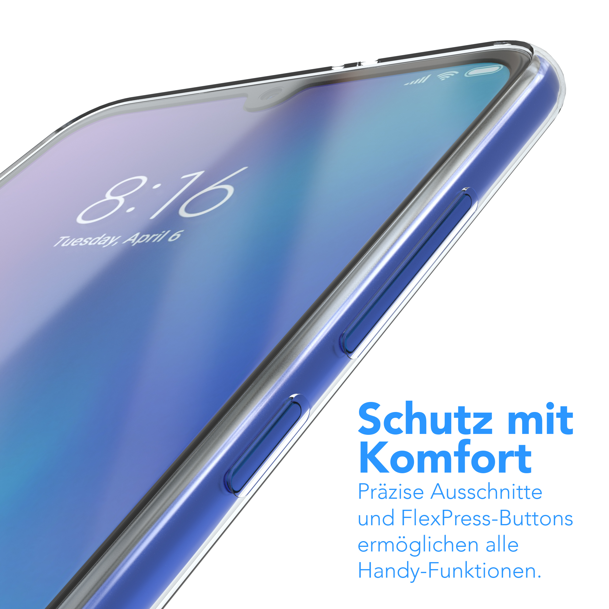 Blaues Telefon mit klarer Hülle. Text: Schutz mit Komfort. Präzise Ausschnitte und FlexPress-Buttons.
