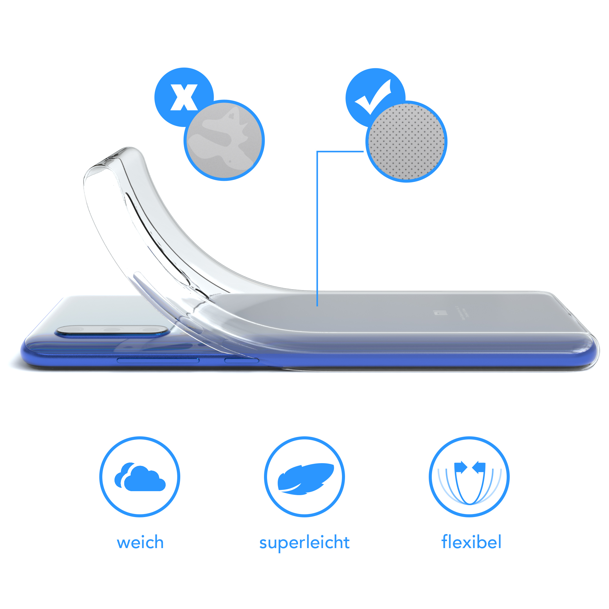 Telefonhülle, Flexibilität zeigend. Blaues Telefon innen. Text auf Deutsch.