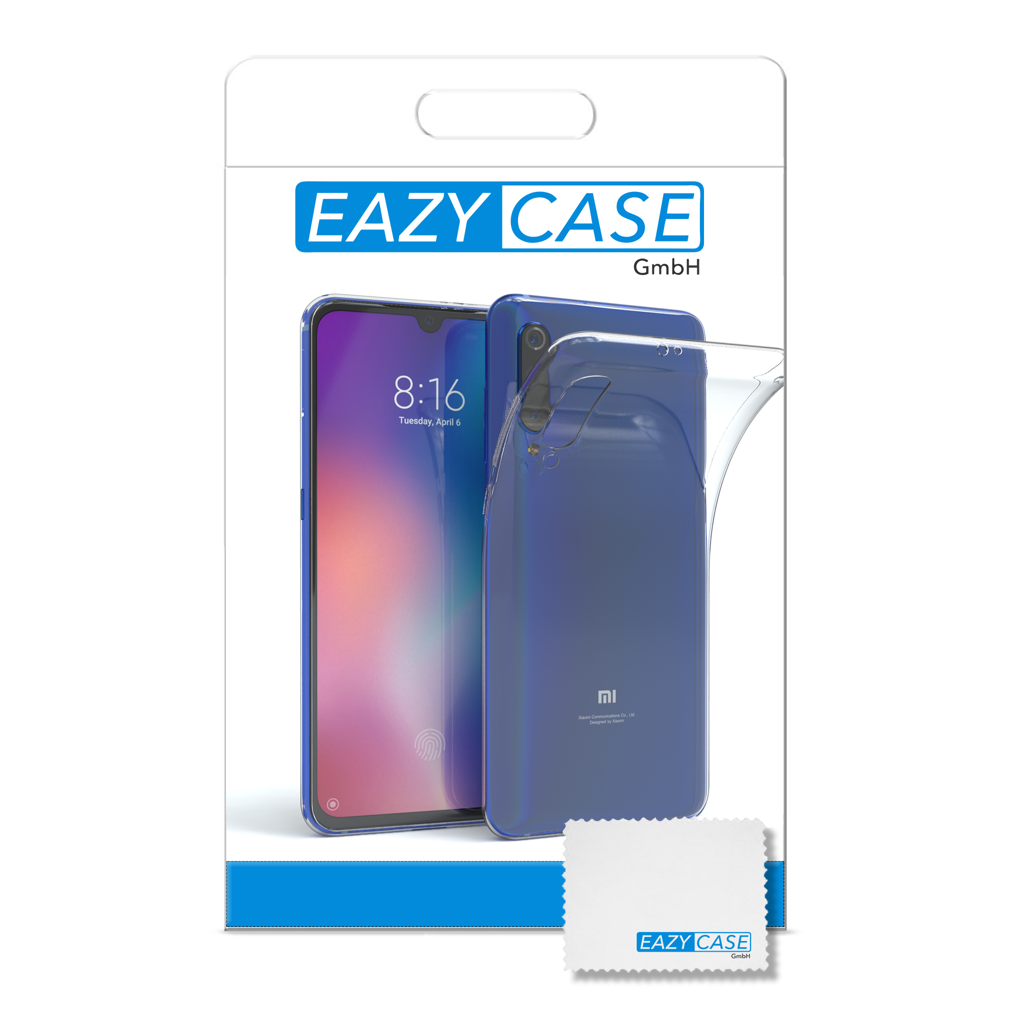 Ein Telefon in einer Hülle mit dem EAZY CASE-Logo auf weißem Hintergrund. Das Telefon zeigt die Uhrzeit.
