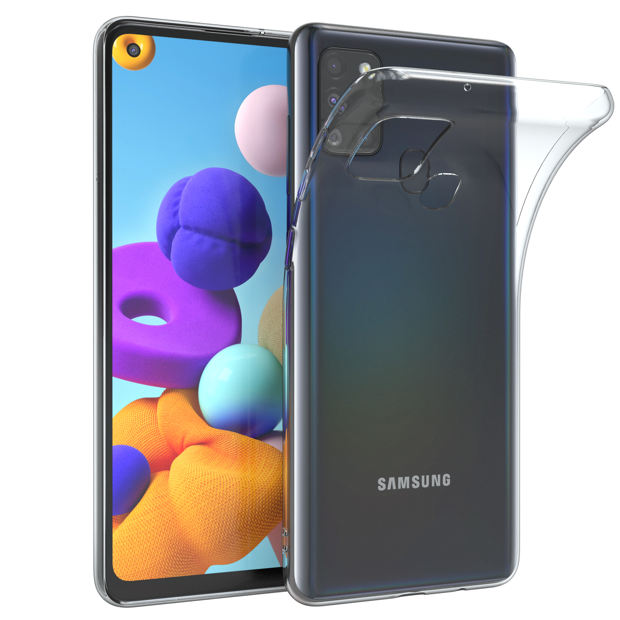 Ein Telefon in einer transparenten Hülle, ein anderes Telefon dahinter, das seine Rückseite zeigt.