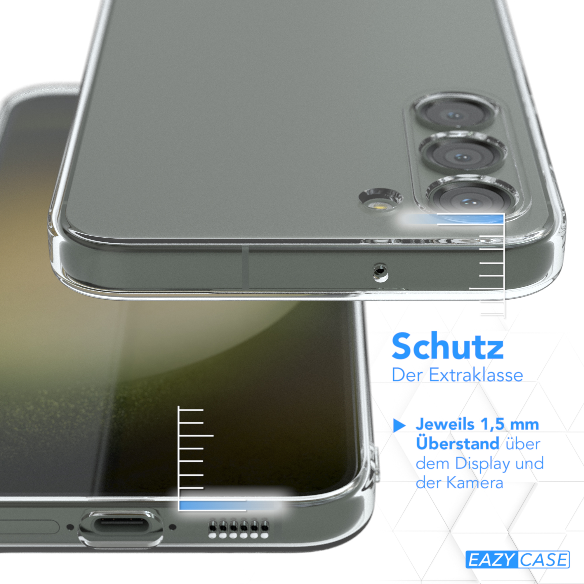 Nahaufnahme einer transparenten Handyhülle über einem grünen Telefon. Text über zusätzlichen Schutz ist sichtbar.