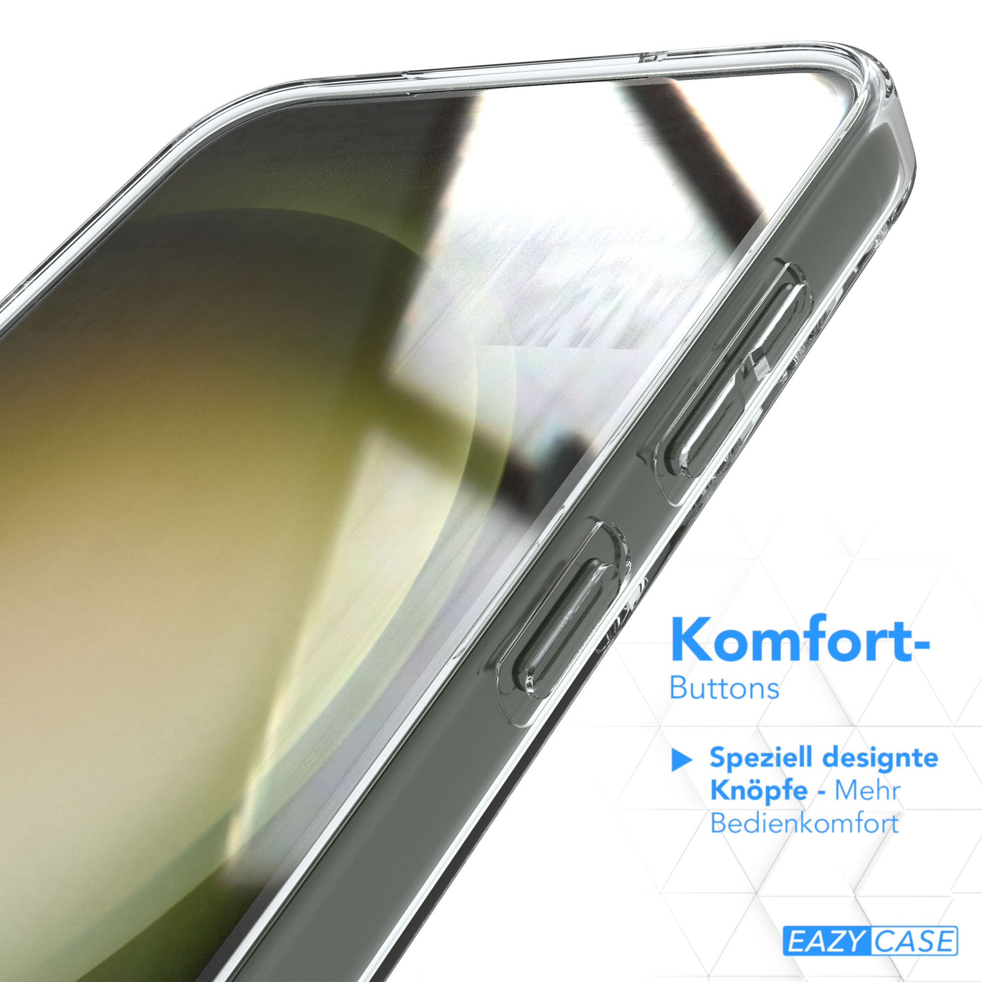 Nahaufnahme eines Smartphones mit transparenter Hülle, Text rechts, blauer Hintergrund.