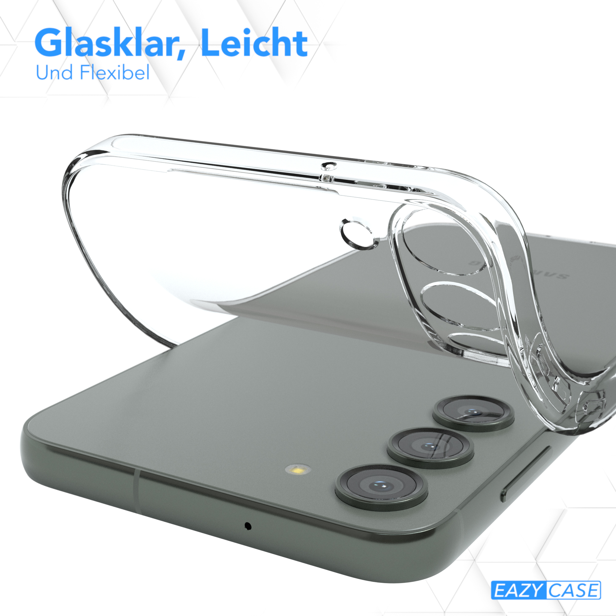 Graues Telefon mit transparenter Hülle. Text oben sagt 'Glaslar, Leicht Und Flexibel'.