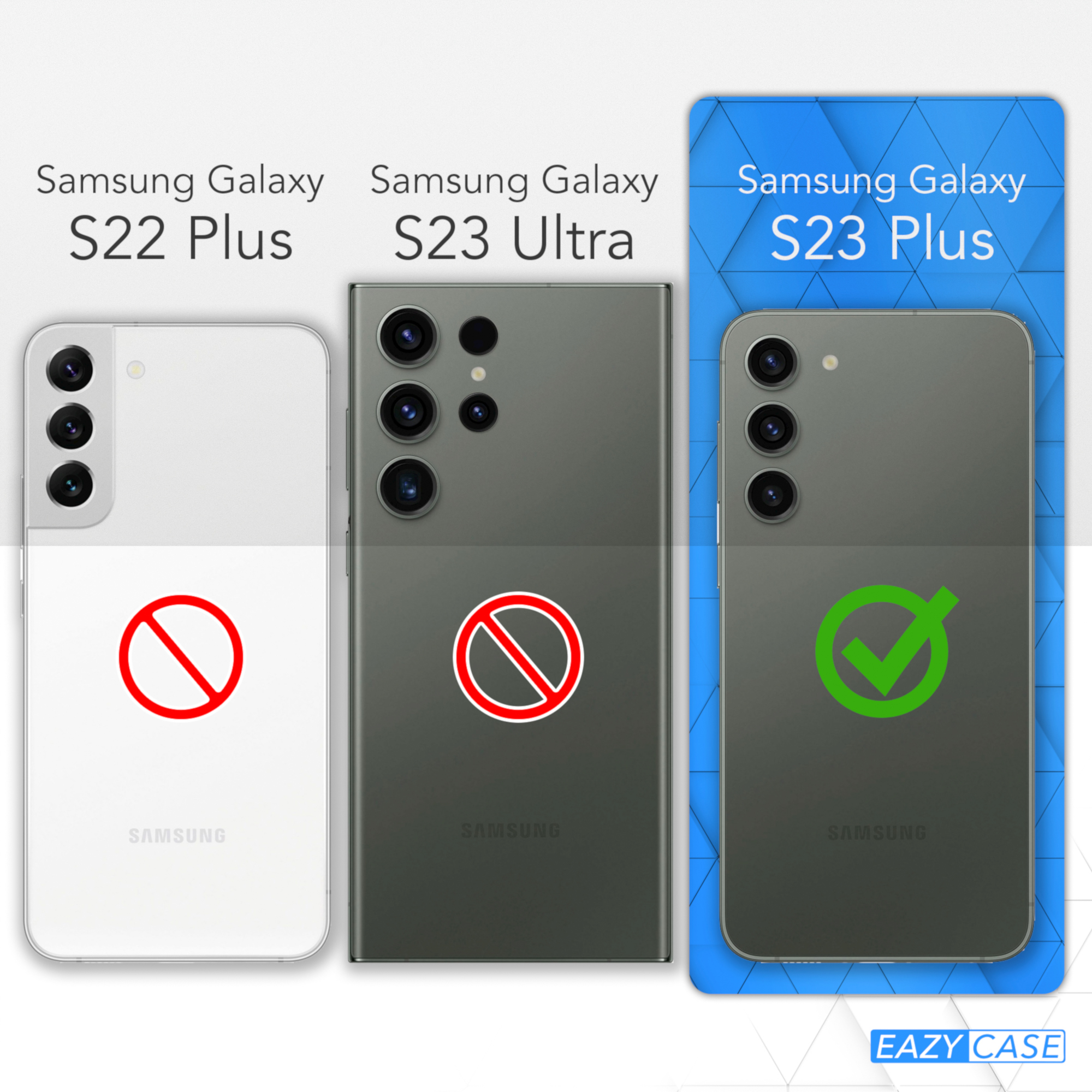 Drei Telefone, S22 Plus abgelehnt, S23 Ultra abgelehnt, S23 Plus mit Häkchen akzeptiert.