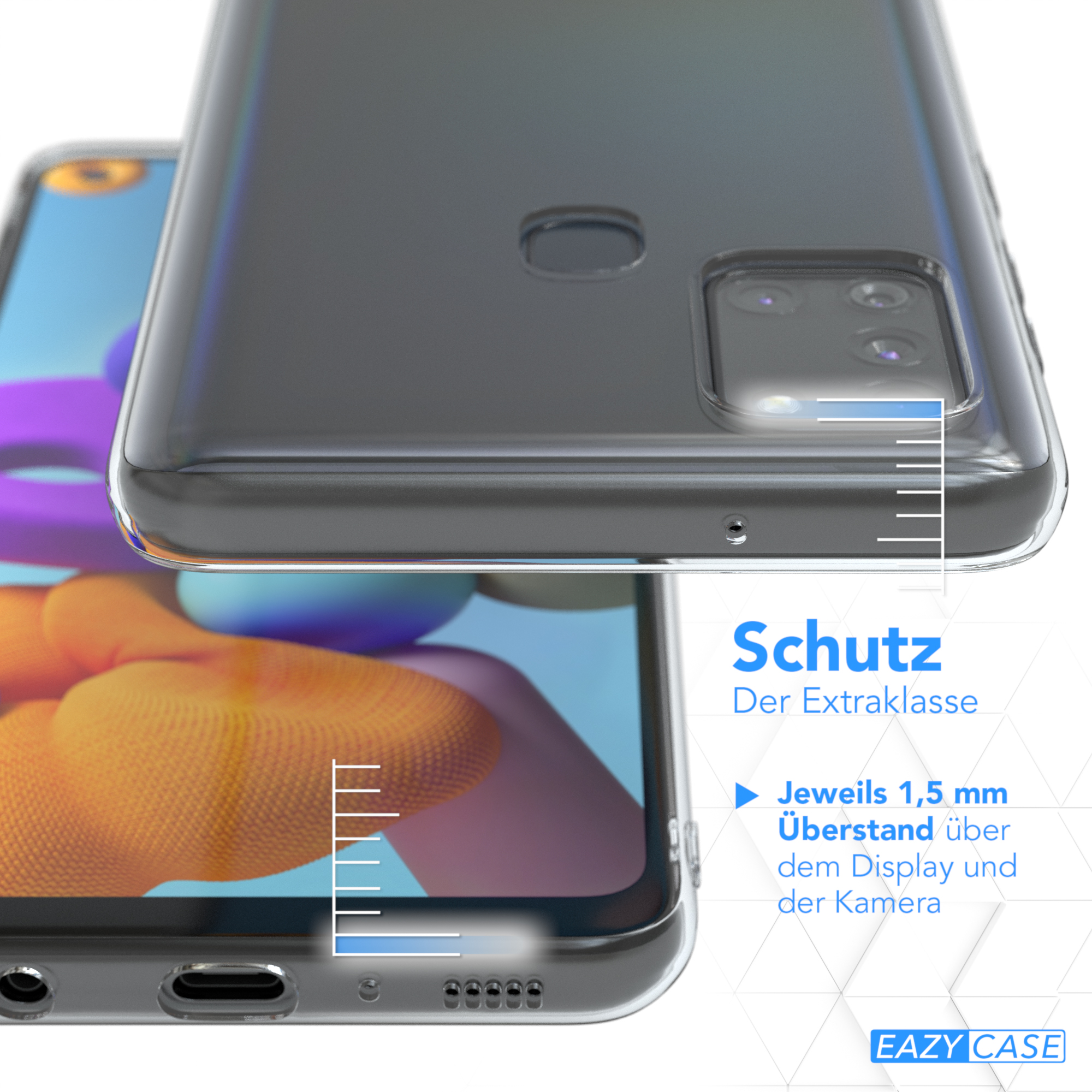 Telefon mit Hülle, die Schutzmerkmale zeigt, mit Text über 1,5 mm erhöhte Kanten.