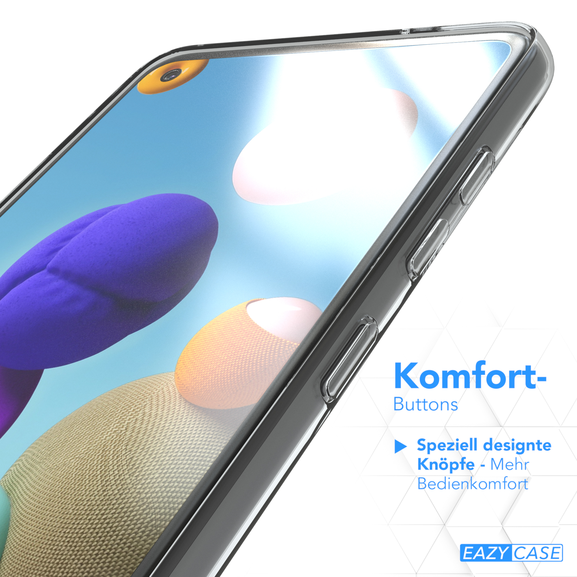 Transparente Handyhülle mit Knöpfen. Der Bildschirm zeigt ein verschwommenes Bild. Der Text lautet Komfort-Buttons, EAZY CASE.