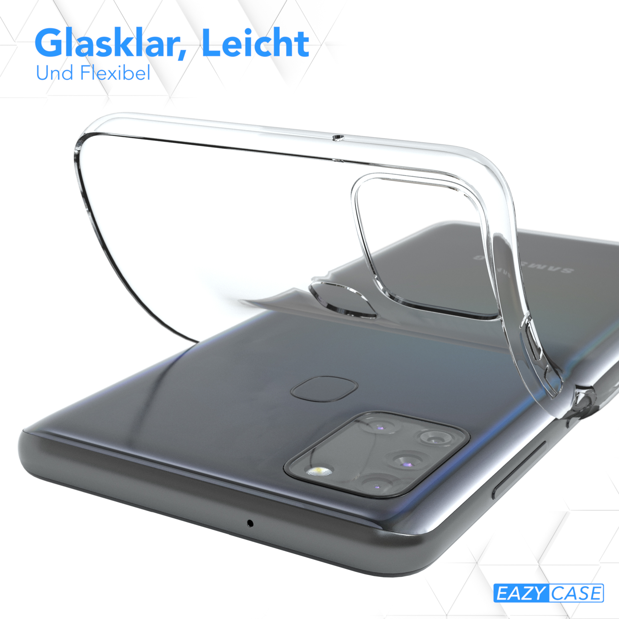 Transparente Handyhülle auf einem Handy. Text mit der Aufschrift 'Glasklar, Leicht Und Flexibel' und EAZY CASE Logo.