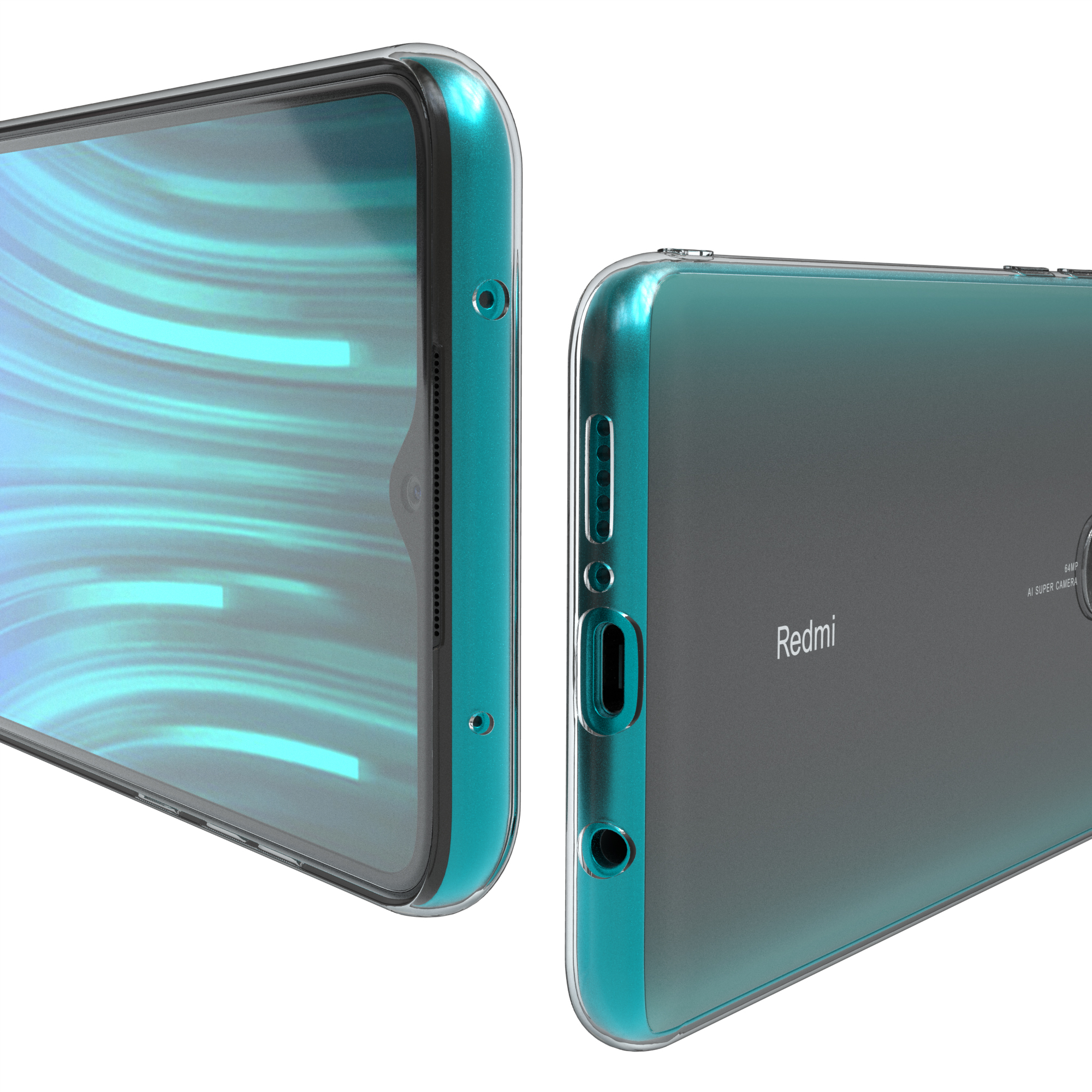 Zwei Telefone, eines zeigt die Seite mit Tasten, das andere die Rückseite mit Redmi-Logo.