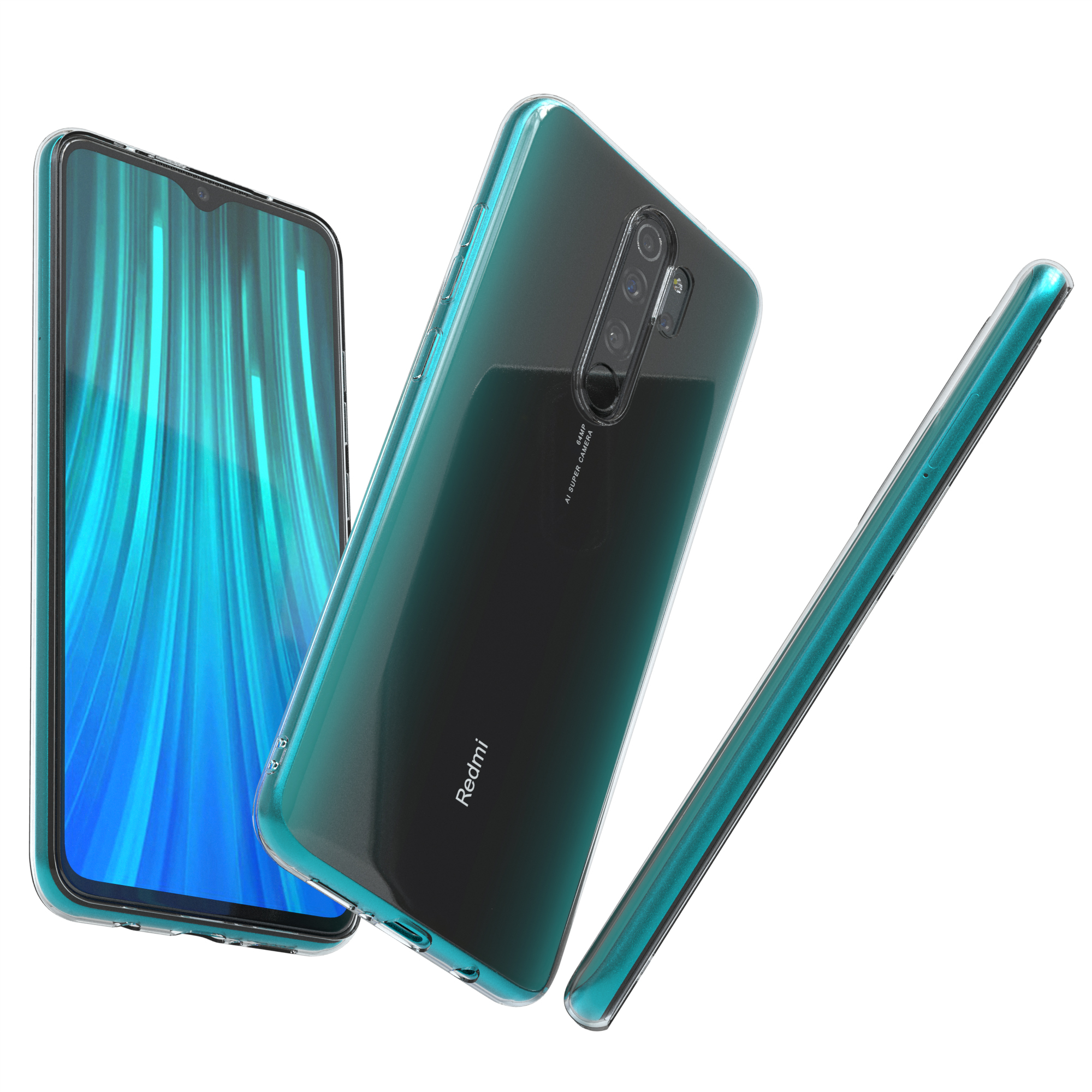 Drei Telefonmodelle mit transparenten Hüllen, die verschiedene Winkel und Ansichten zeigen.