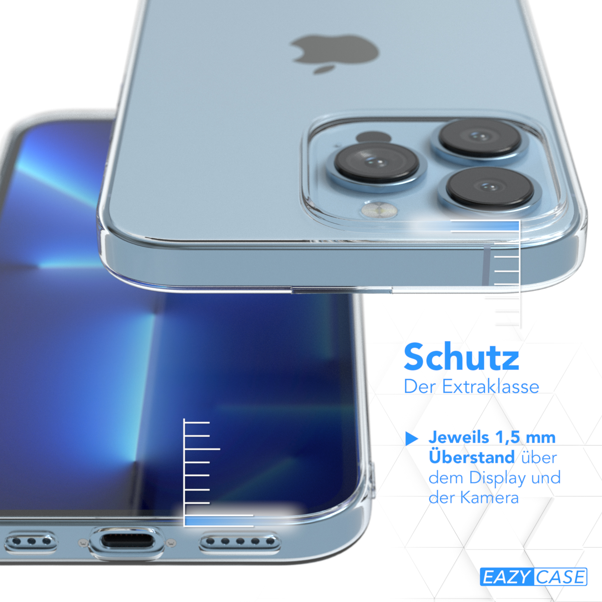 Telefon mit Hülle, die Schutzmerkmale zeigt, mit Text über 1,5 mm erhöhte Kanten.