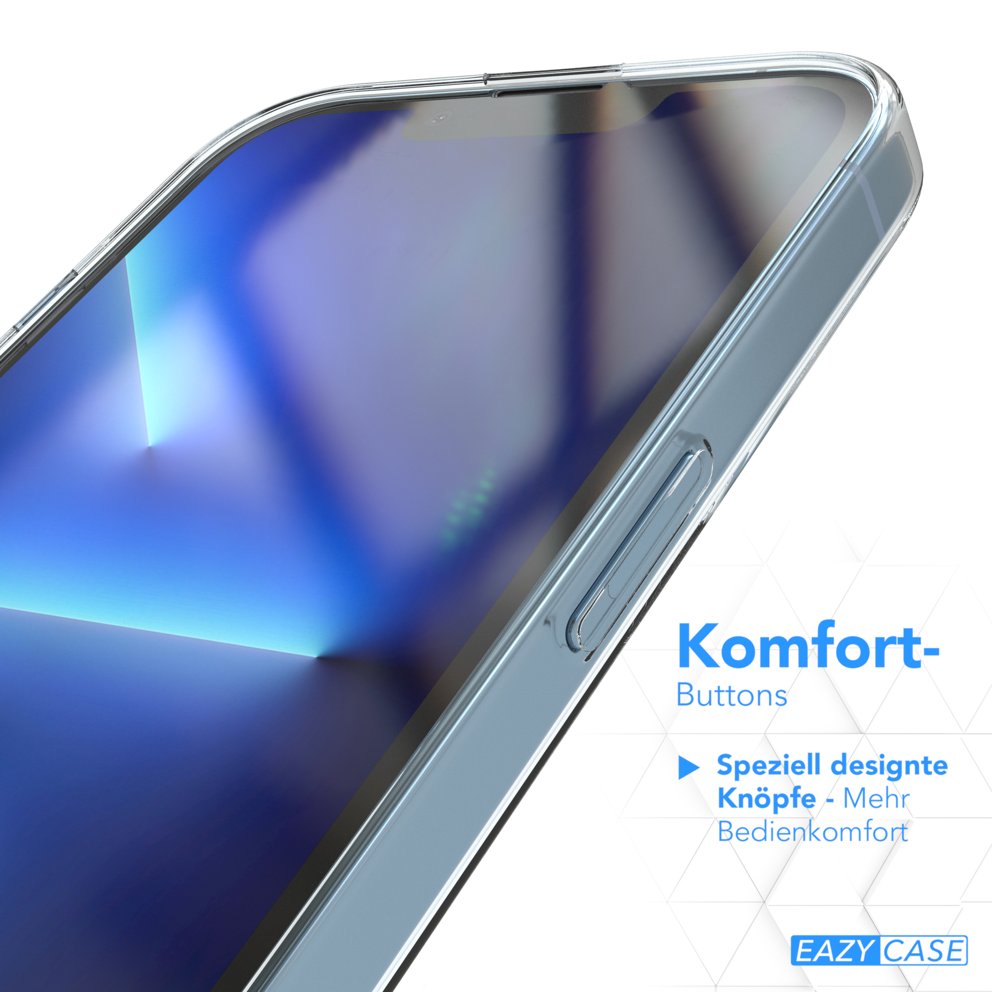 Klare Handyhülle auf einem Telefon, das Knöpfe an der Seite zeigt. Blauer und weißer Hintergrund.