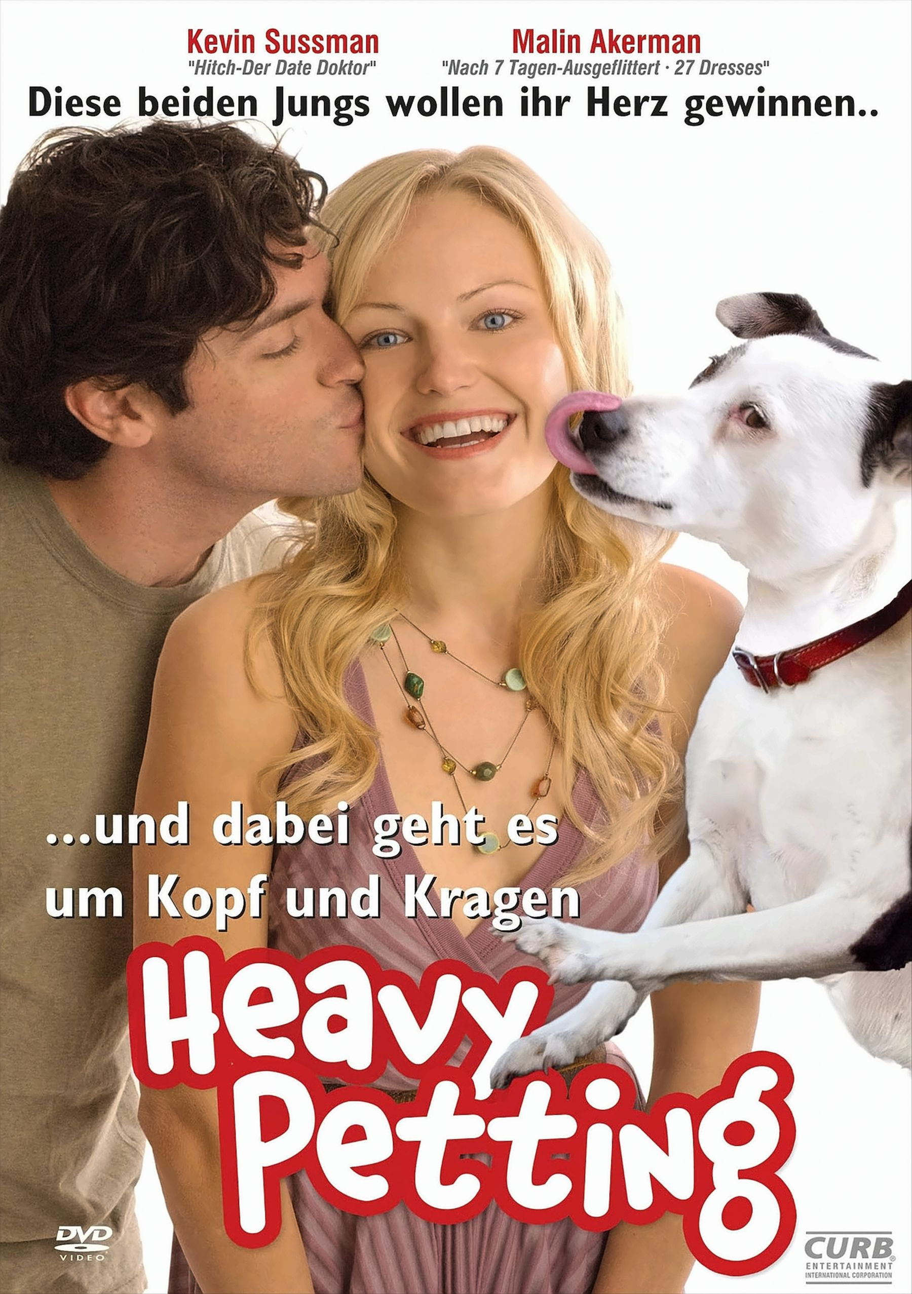 Filmposter: Ein Mann küsst eine Frau, ein Hund leckt ihr Gesicht. Text: Heavy Petting.