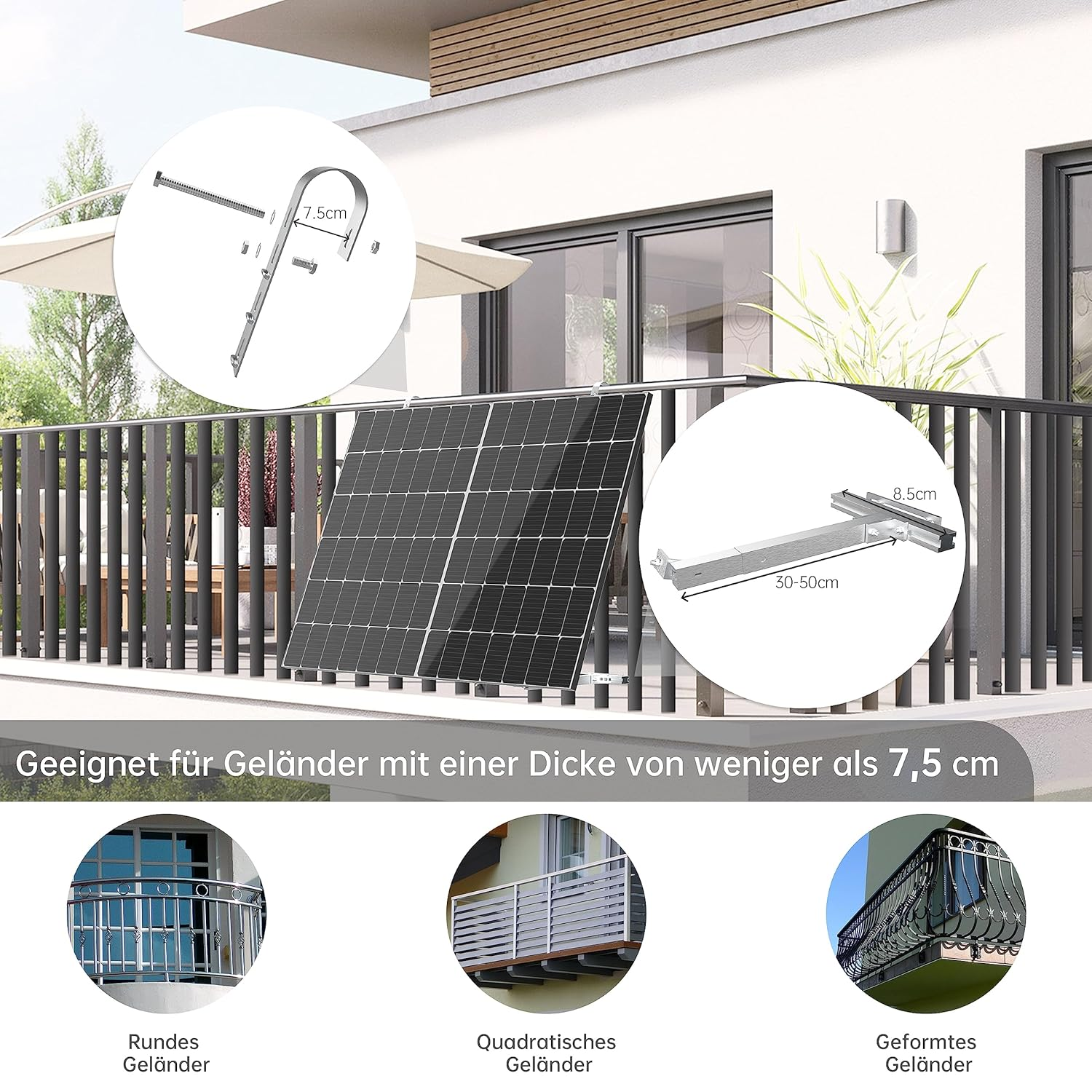 Ein Metallgeländer mit einem Solarpanel-Montagesatz und Diagrammen, mit Beispielen für Geländer unten.