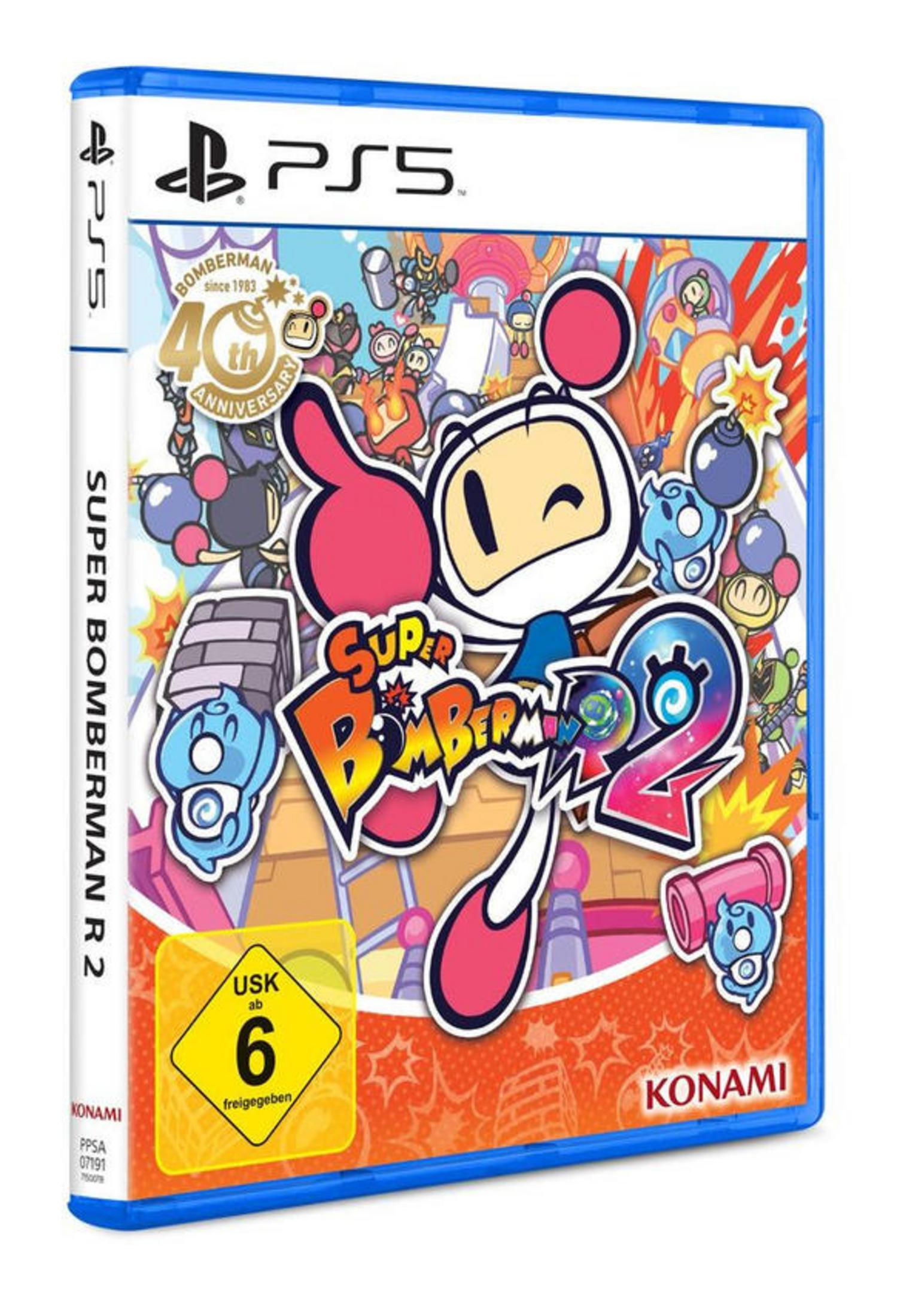 Ein PS5-Spielcase für Super Bomberman R 2. Es hat eine farbenfrohe Cartoon-Illustration.