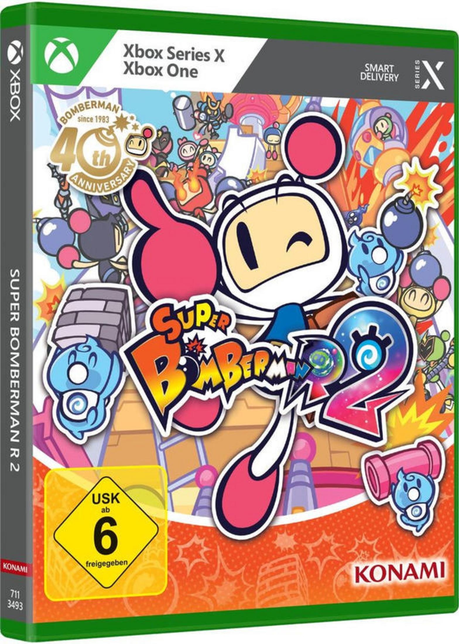 Super Bomberman R 2 Videospielbox für Xbox Series X und Xbox One mit Charakteren auf dem Cover.