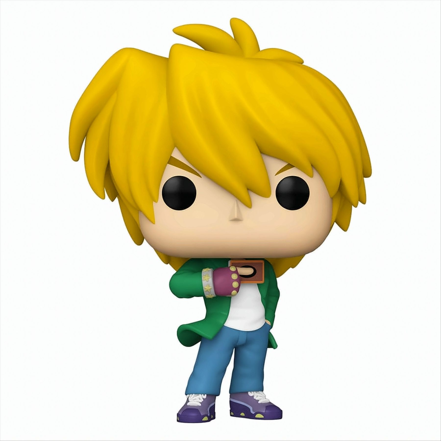 Figurina Funko Pop di un ragazzo dei cartoni animati con i capelli gialli che tiene in mano una carta. Indossa una giacca verde.