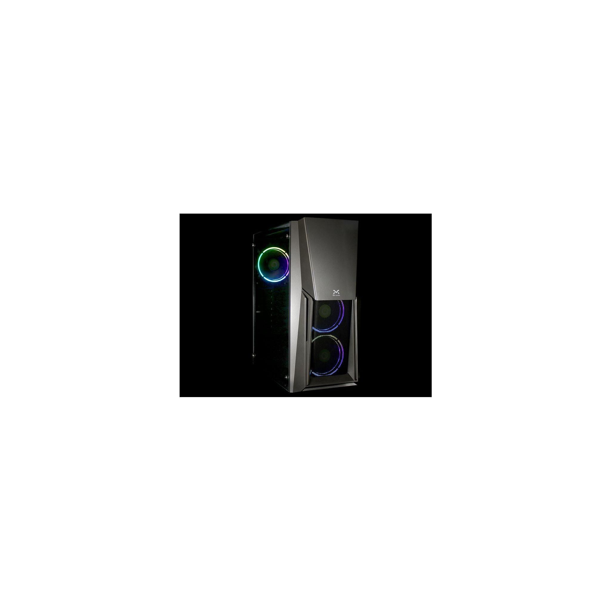 Case per computer nero con pannello laterale in vetro, illuminazione RGB interna e ventole.