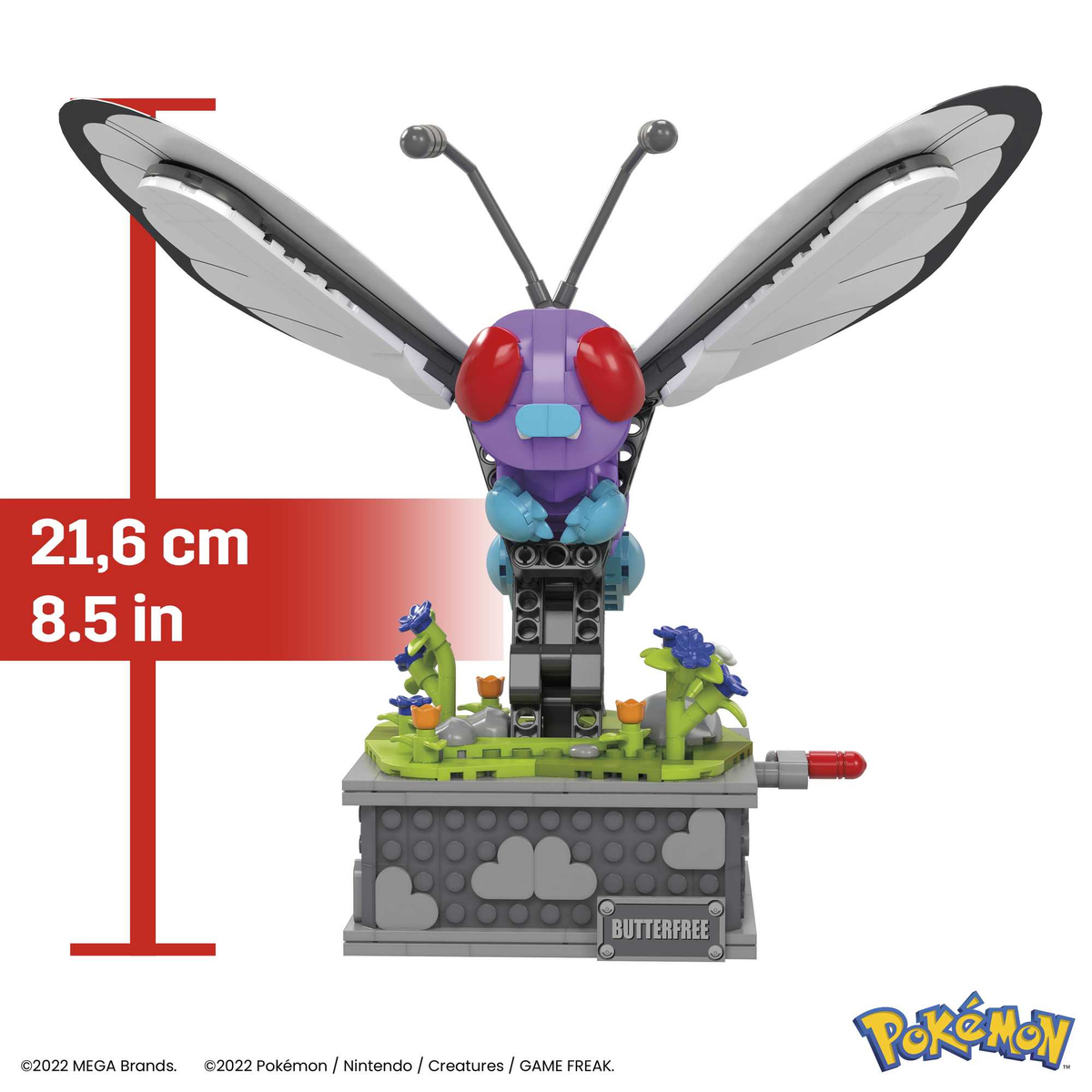 Model Lego motyla z dużymi skrzydłami i etykietą „BUTTERFREE”.