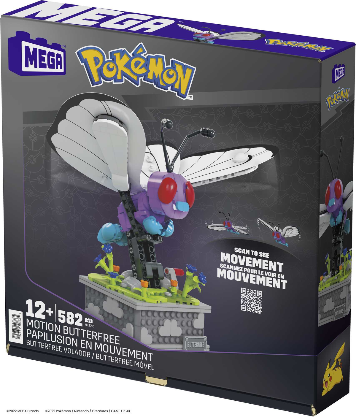 Pudełko Mega Construx Pokemon Butterfree. Pokazuje figurkę Butterfree na szarej podstawie. Pudełko ma tekst.