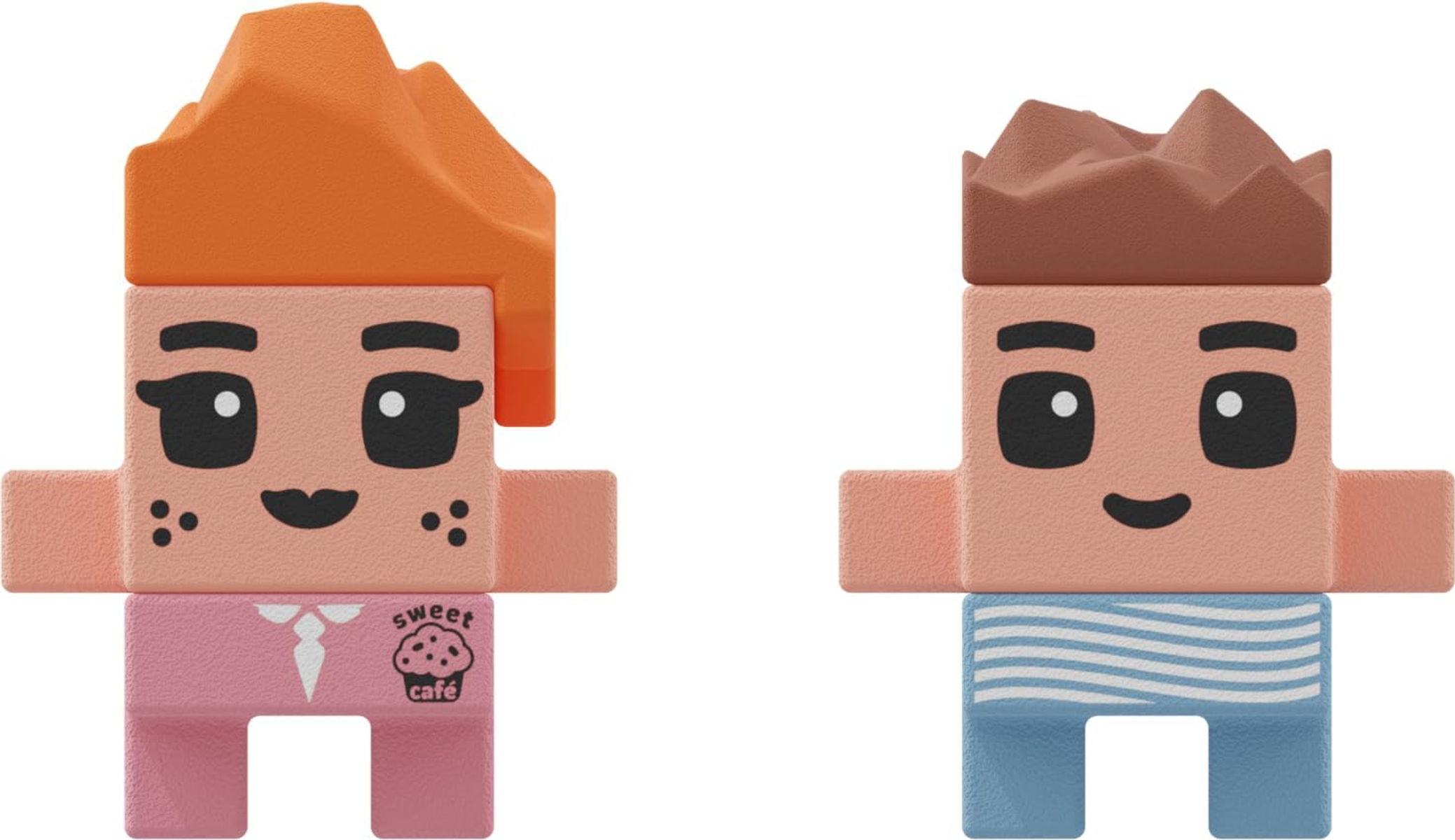 Zwei Blockfiguren: Eine mit orangefarbenen Haaren, rosa Hemd; die andere mit braunen Haaren, blauem Hemd.