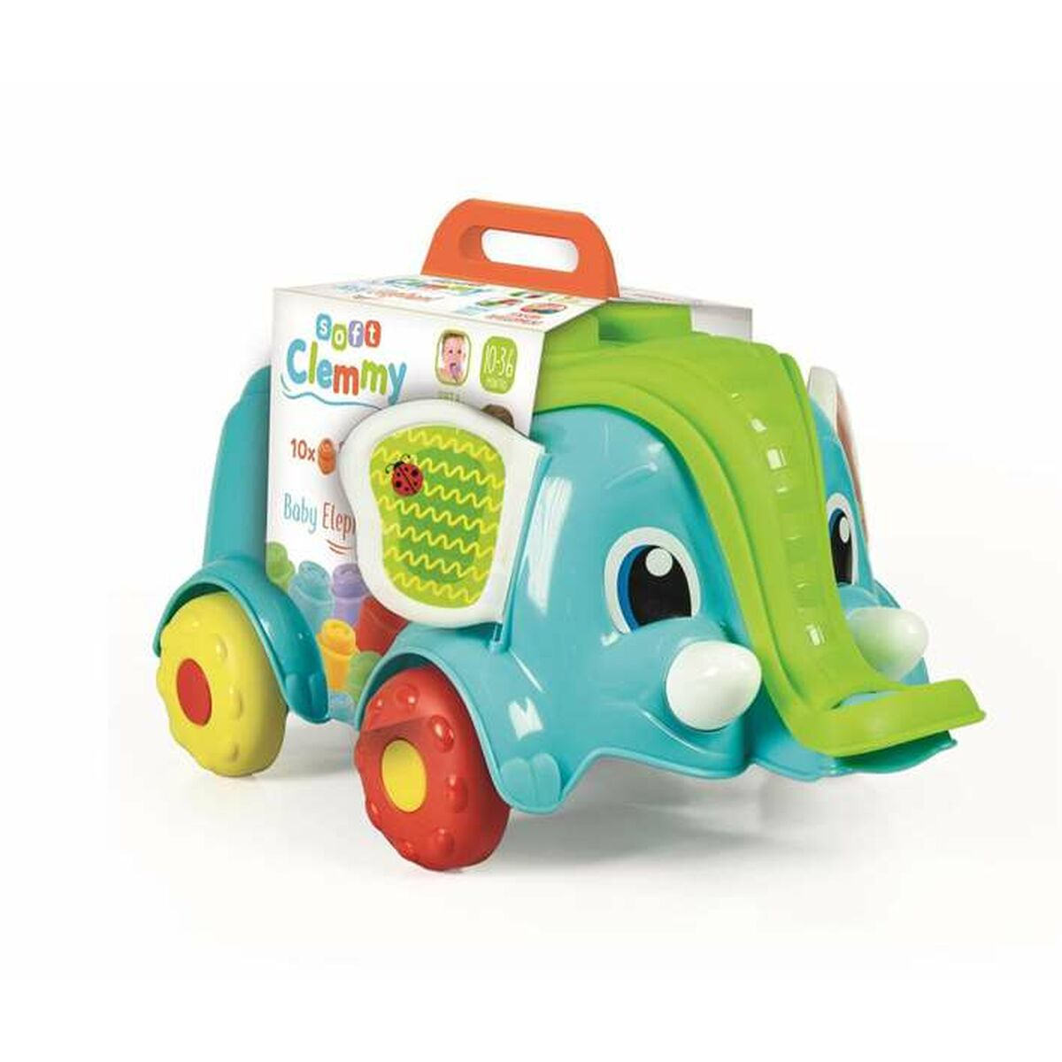 Ein Spielzeug-Baby-Elefant auf Rädern. Das Spielzeug ist blau, grün, rot und gelb.