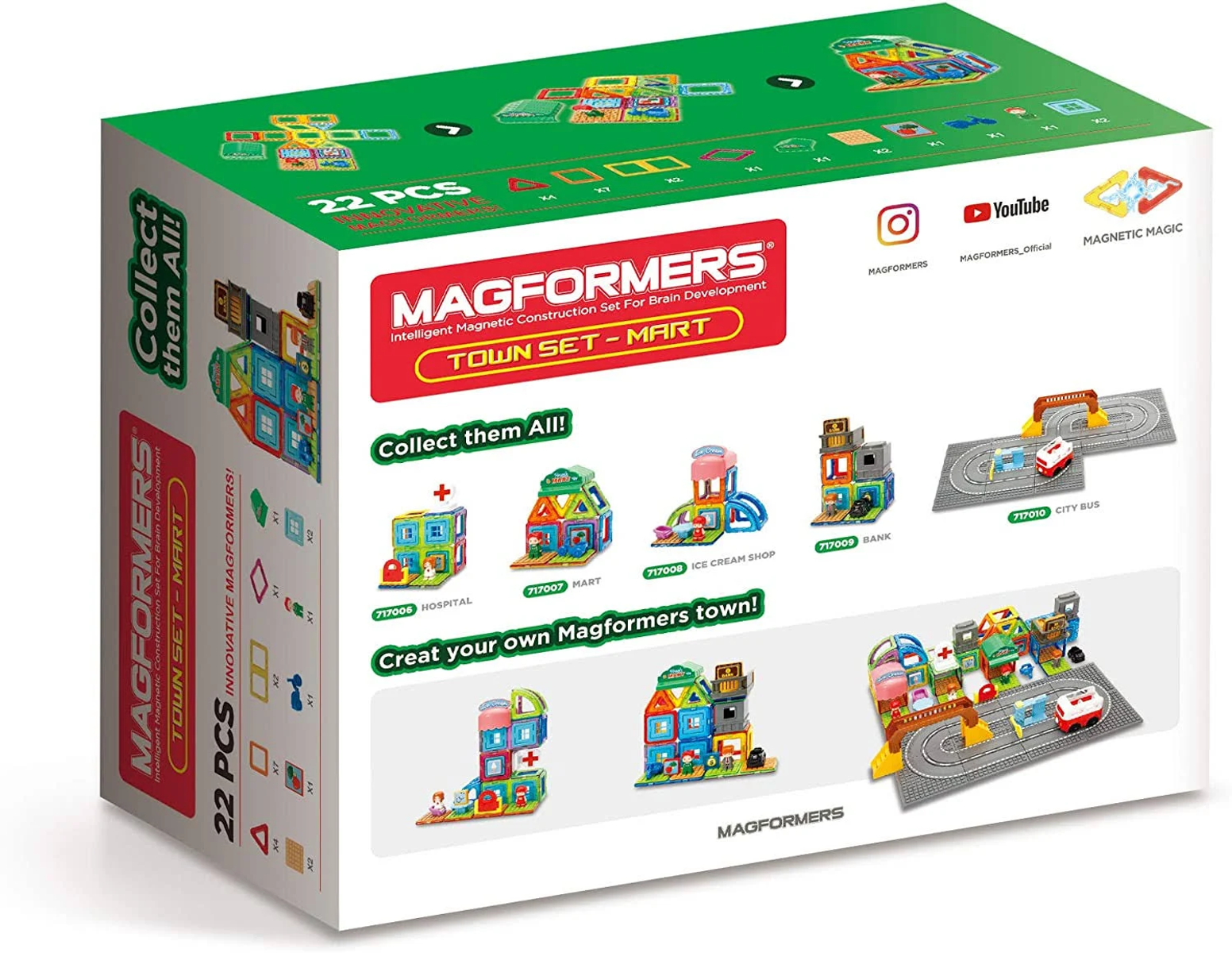 Schachtel mit Magformers Town Set-Mart Spielzeug. Zeigt verschiedene magnetische Konstruktionsbausätze.