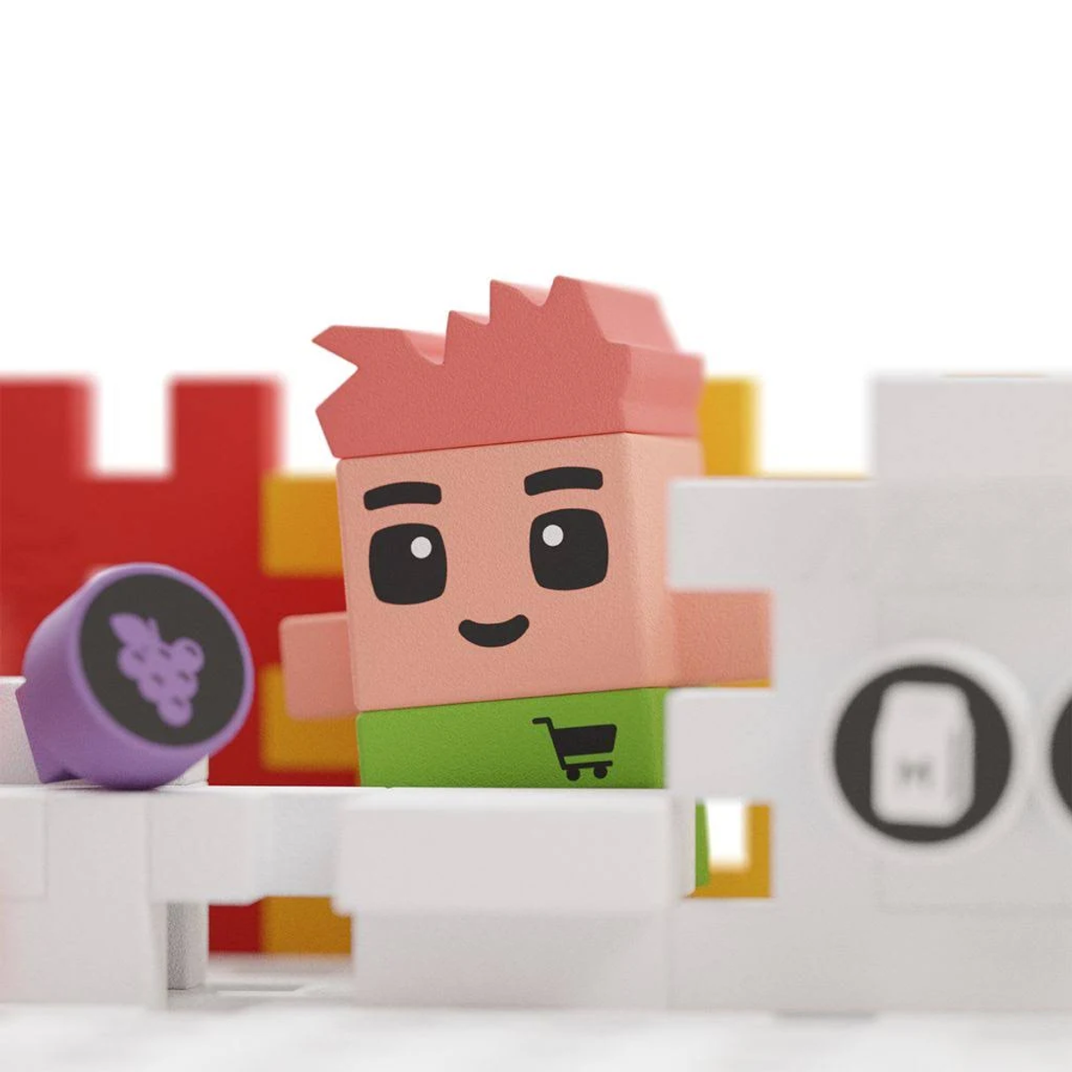 Eine Spielfigur einer Person aus Blöcken mit einem lächelnden Gesicht, die zwischen Blöcken steht.