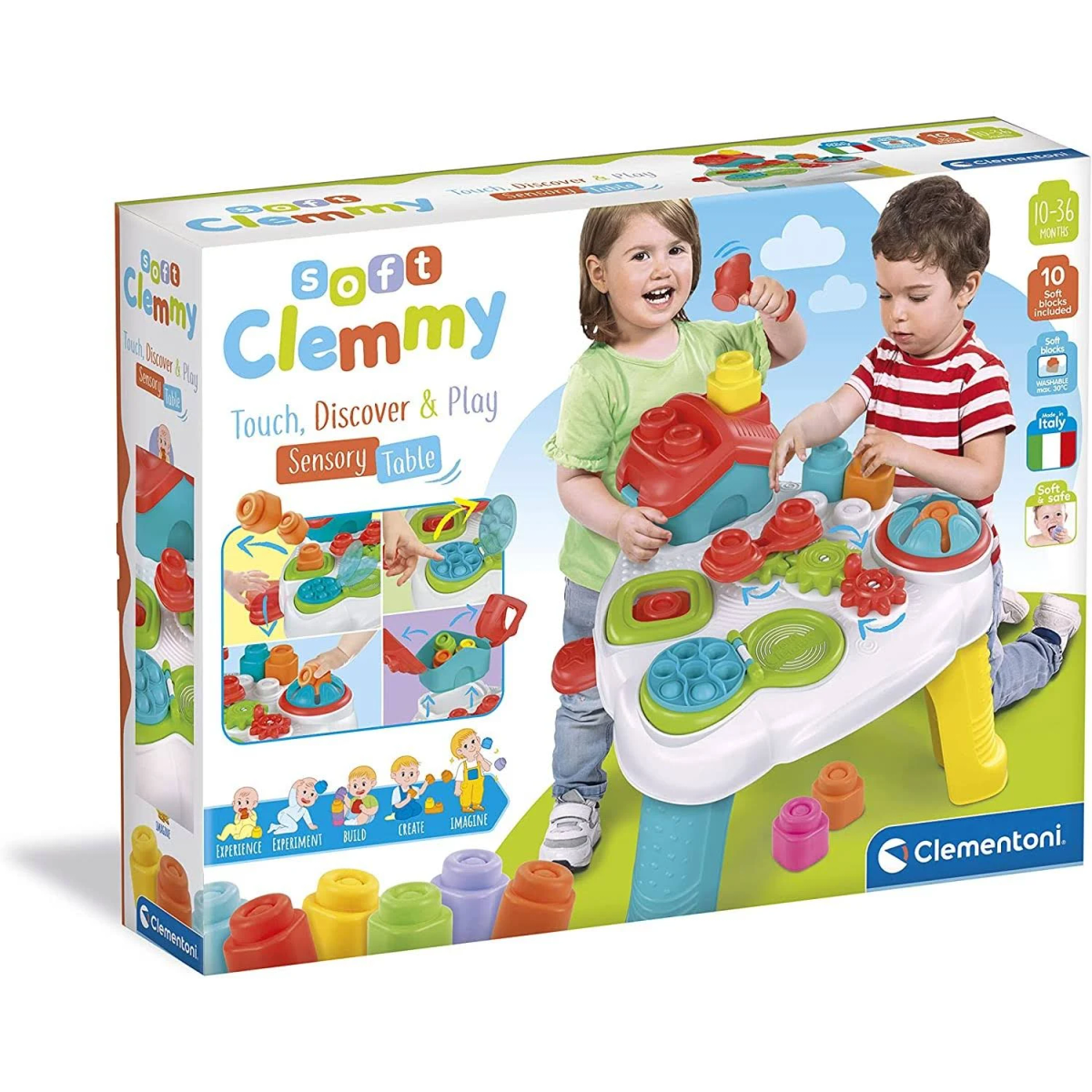 Caja de juguetes con niños jugando con bloques de colores y una mesa sensorial.