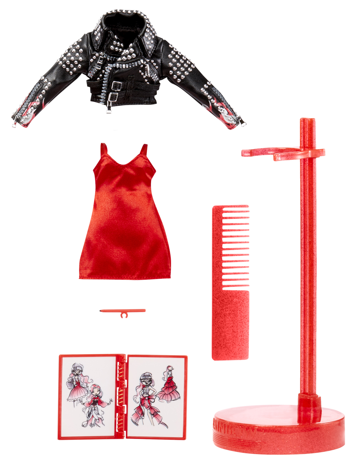 Ubrania i akcesoria dla lalek. Zawiera kurtkę, sukienkę, grzebień, stojak i szkice. Wszystko czerwone i czarne.