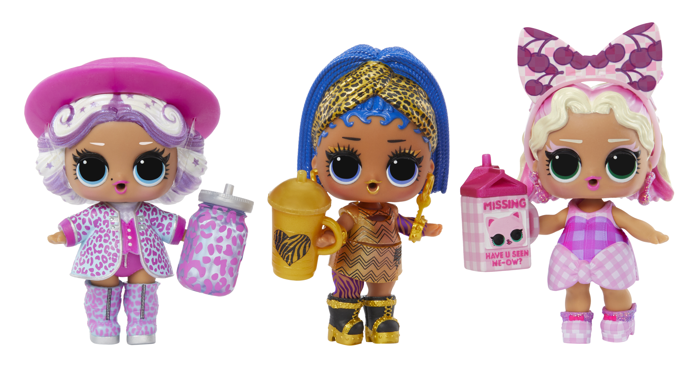 Trzy lalki LOL. Każda lalka trzyma akcesorium. Każda lalka ma unikalny strój.