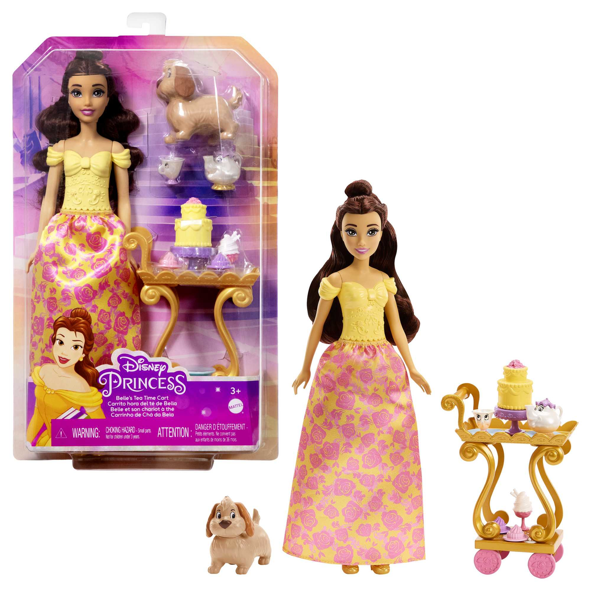 Zestaw lalek Disney Princess Belle. Zawiera lalkę Belle, wózek z ciastem i figurkę psa.