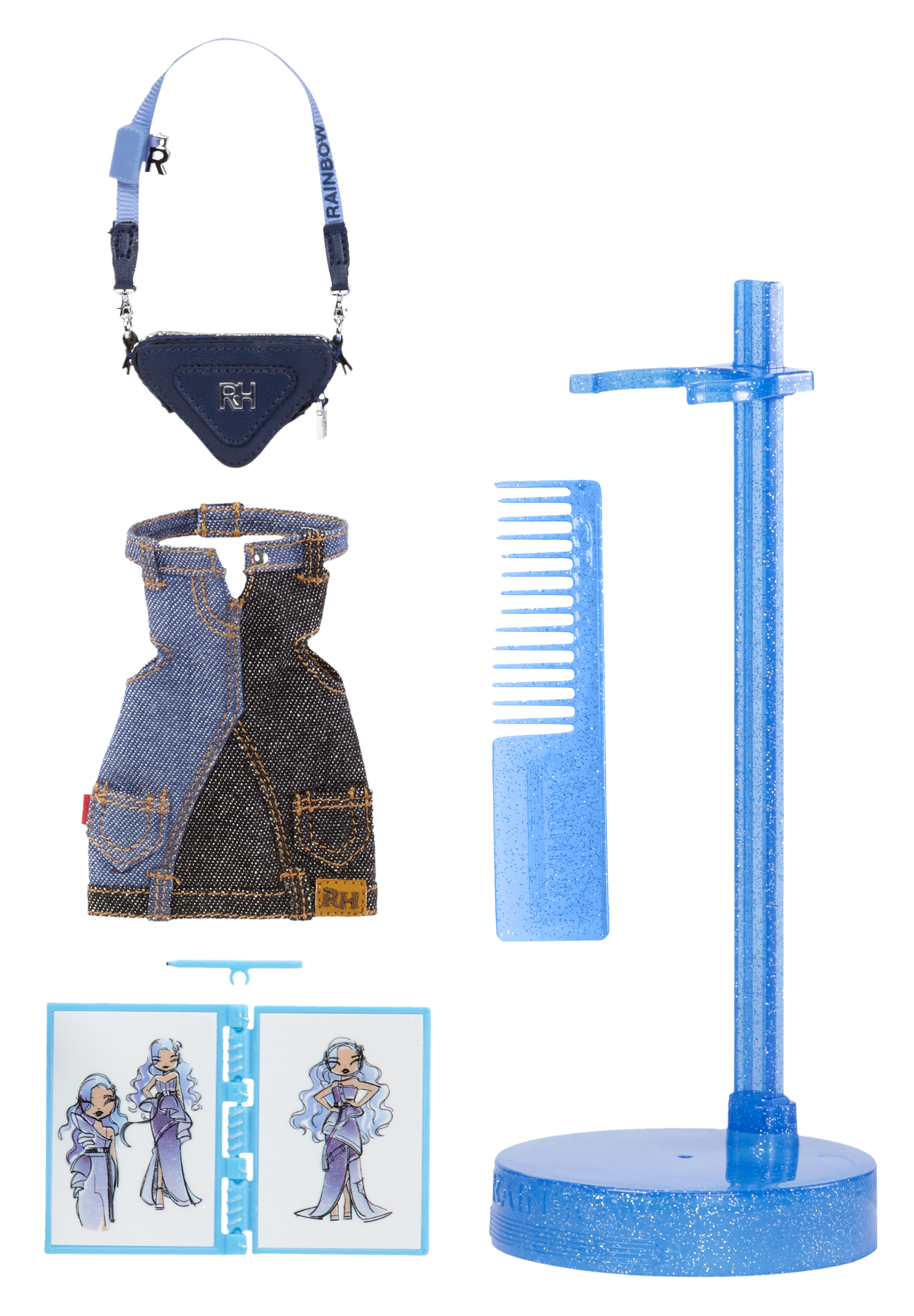 Zestaw modowy dla lalek z ubraniami, akcesoriami i stojakiem dla lalek.