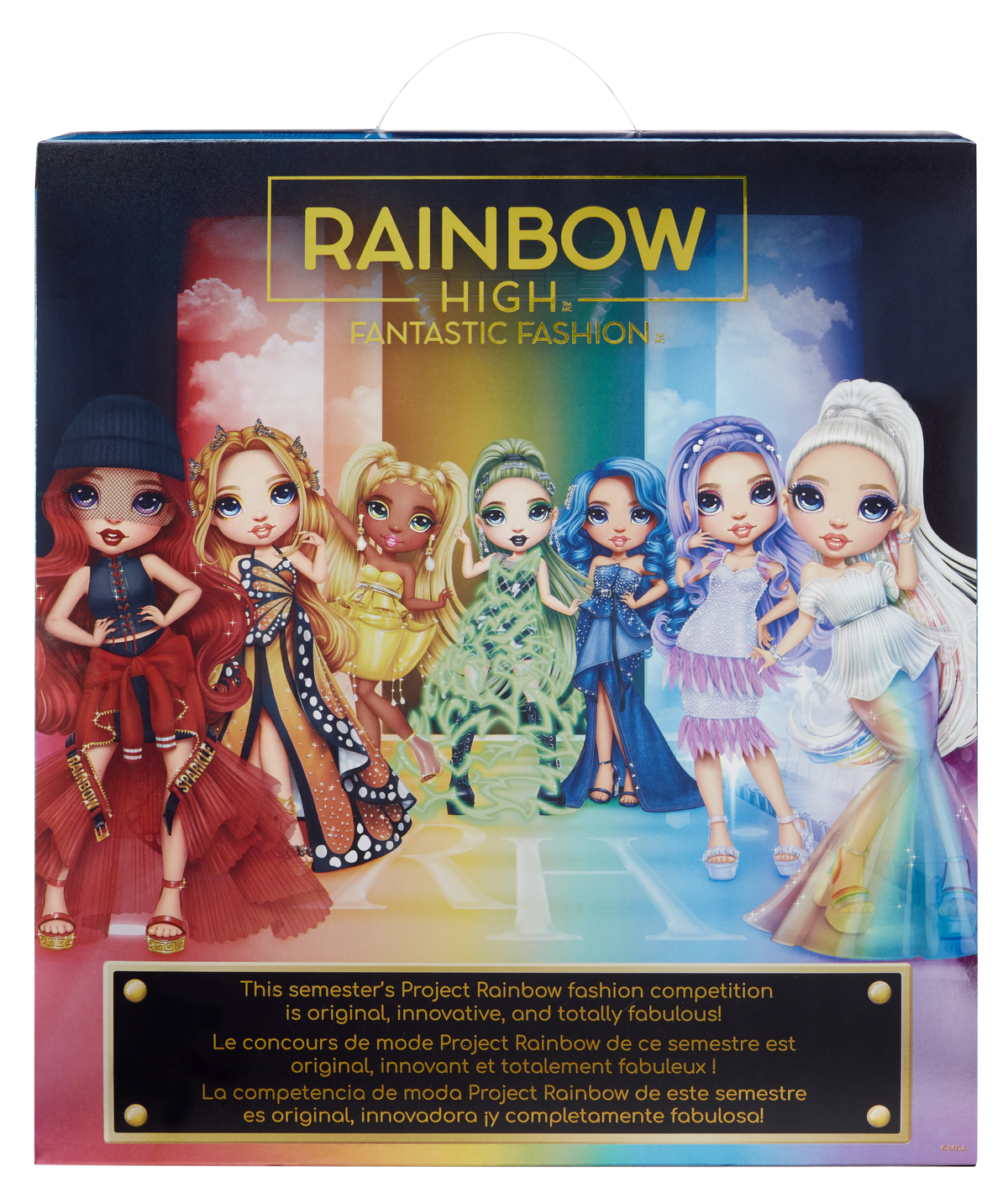 Tył pudełka Rainbow High z lalkami. Lalki w kolorowych strojach stoją przed tęczowym tłem.