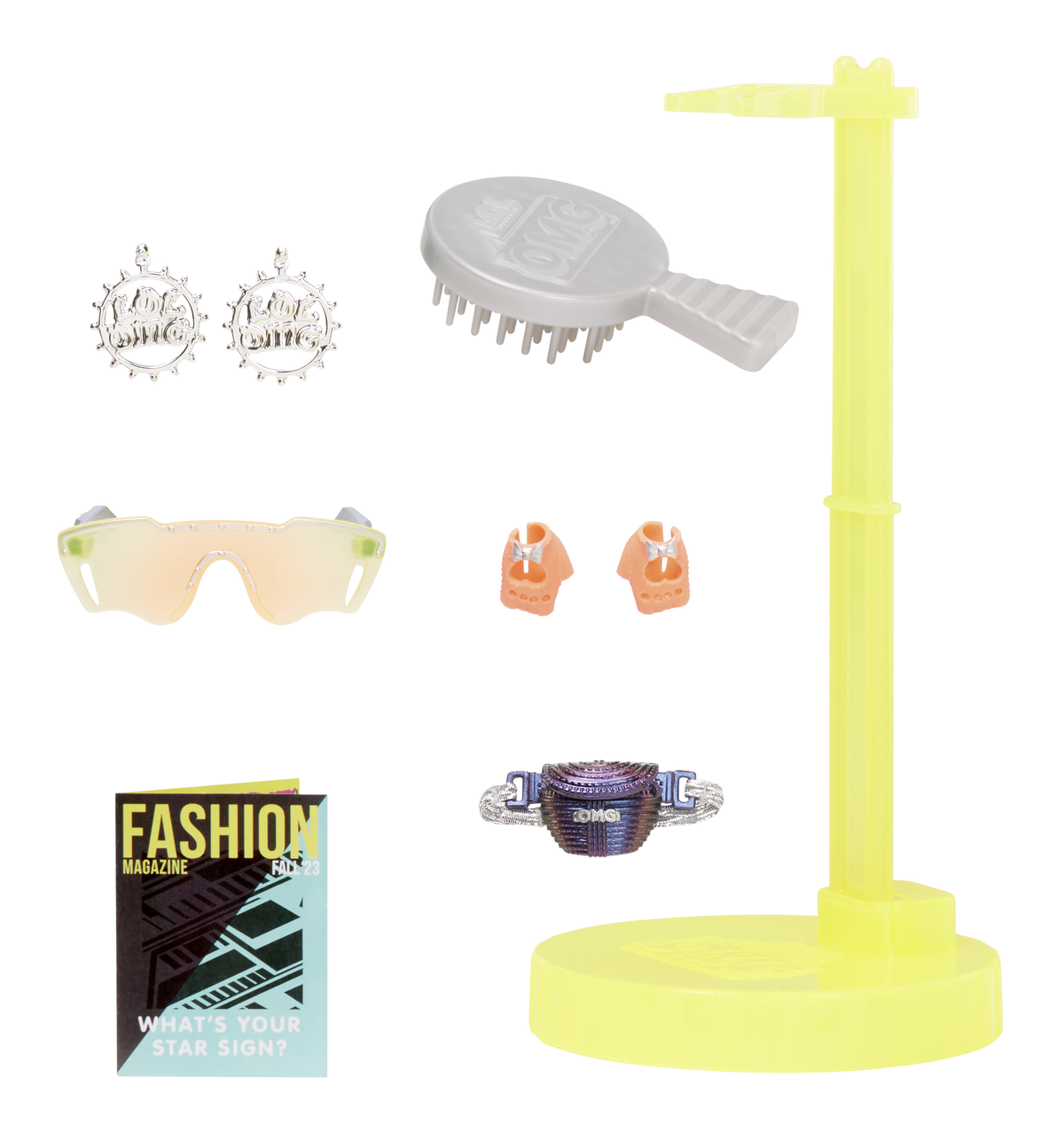 Kolekcja akcesoriów. Obejmuje kolczyki, okulary przeciwsłoneczne, buty, szczotkę, pierścionek i magazyn.