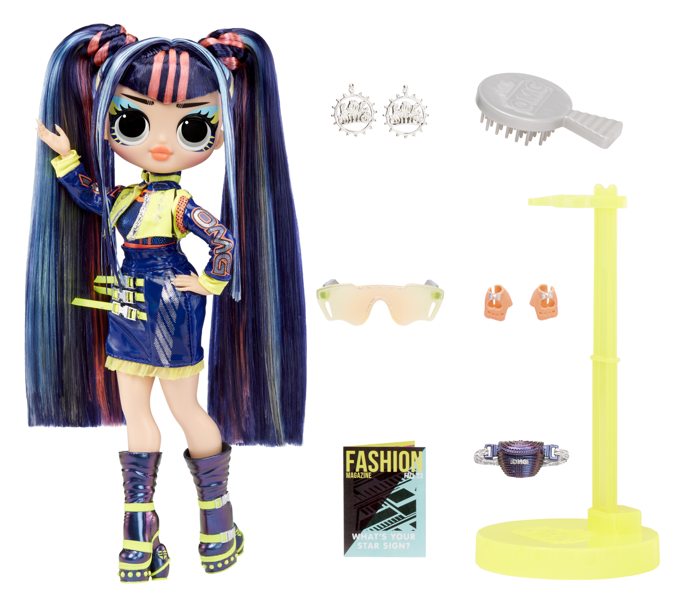 Lalka modowa z akcesoriami: stojak, kolczyki, okulary, szczotka, magazyn, bransoletka.