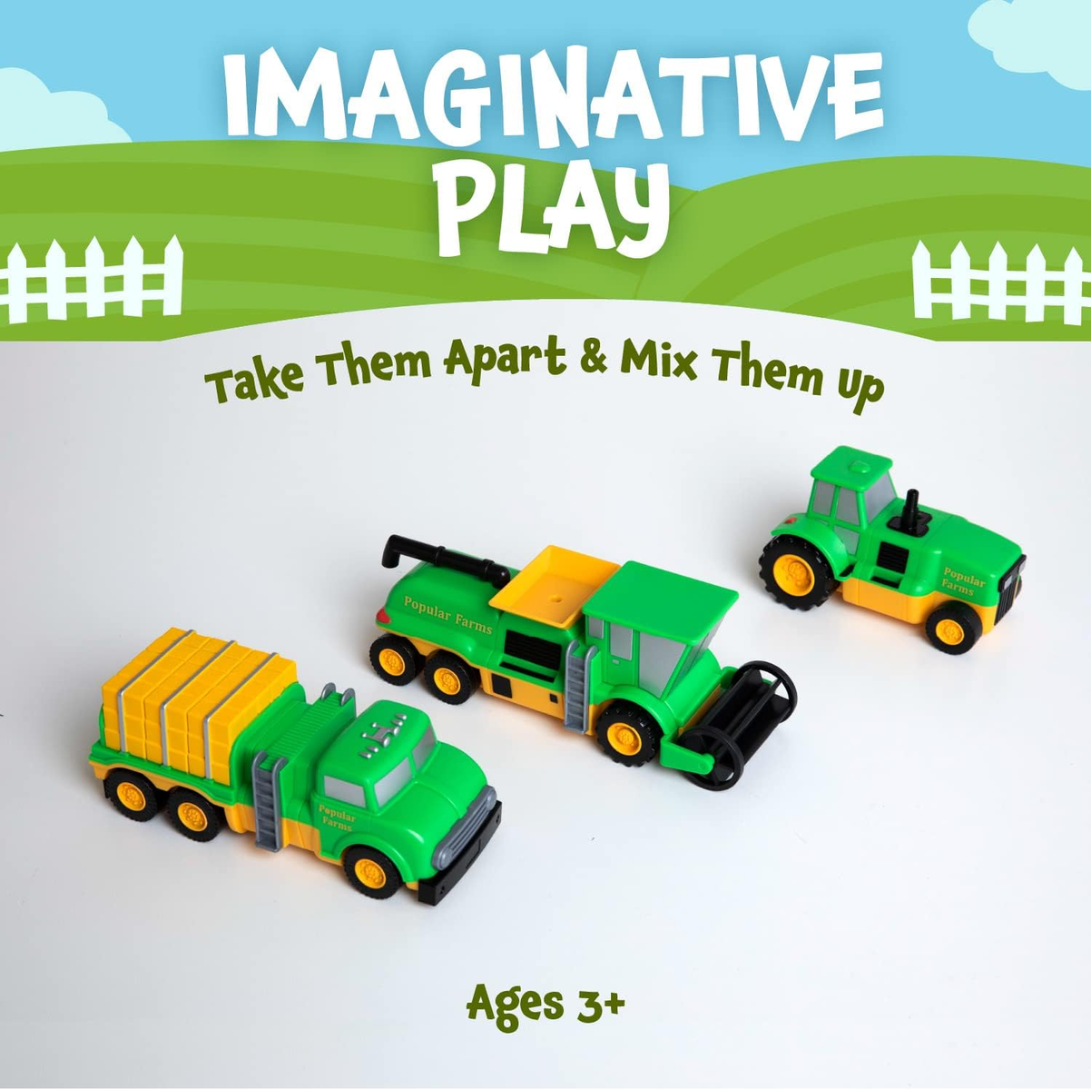 Drei Spielzeug-LKWs: ein Sattelzug, eine Kombination und ein Traktor. Grün und gelb. Text: Imaginatives Spiel.