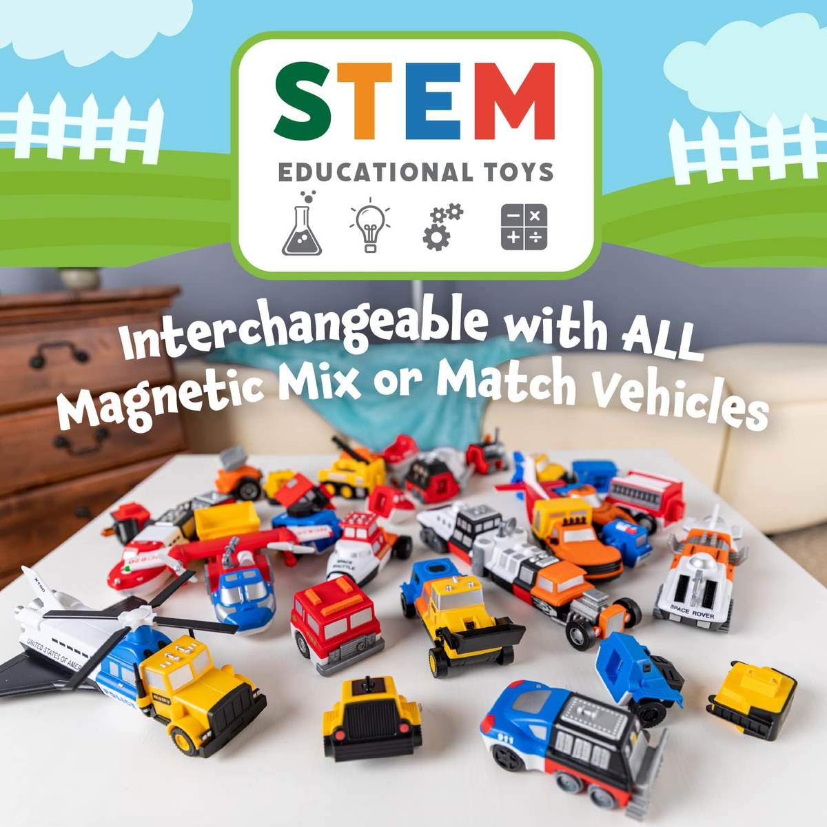 Spielzeug auf einem Tisch. Grünes Schild mit Text: STEM EDUCATIONAL TOYS. Autos, Lastwagen und andere Fahrzeuge.