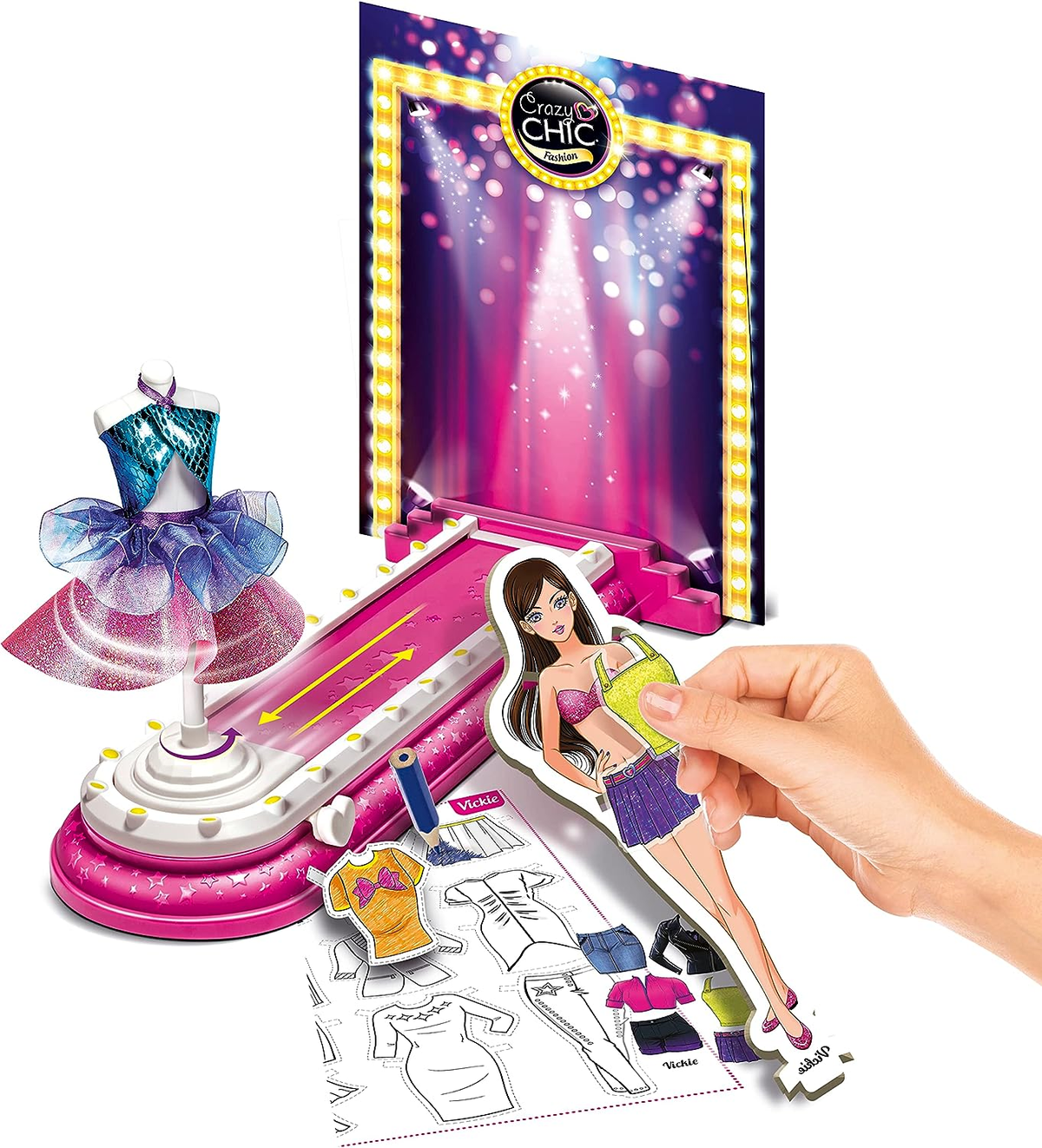 Modedesign-Spielset mit Puppe, Kleidung und Laufsteg.