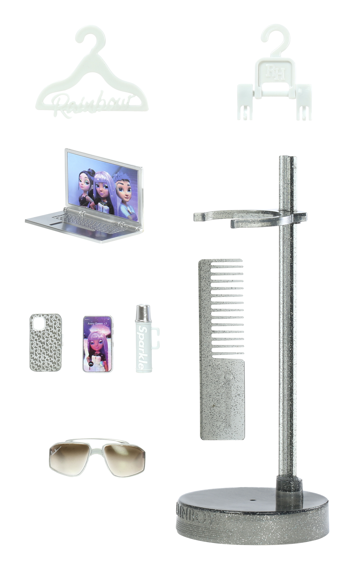 Różne akcesoria dla lalek: laptop, telefon, grzebień, stojak, okulary przeciwsłoneczne i wieszak.