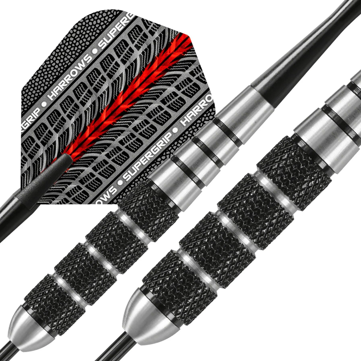 Zwei Dartpfeile mit silbernen und schwarzen Schäften und einem Dart-Flight, mit Supergrip-Logo.