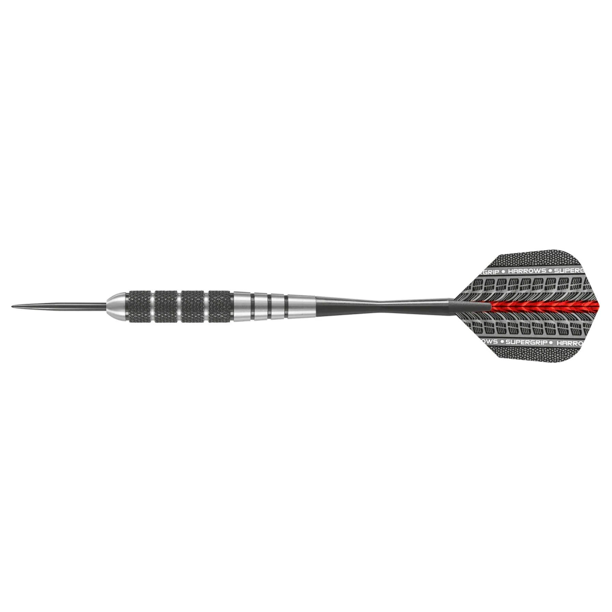 Ein einzelner Dart mit silbernem Griff und schwarzem Schaft. Roter Streifen auf der Befiederung.