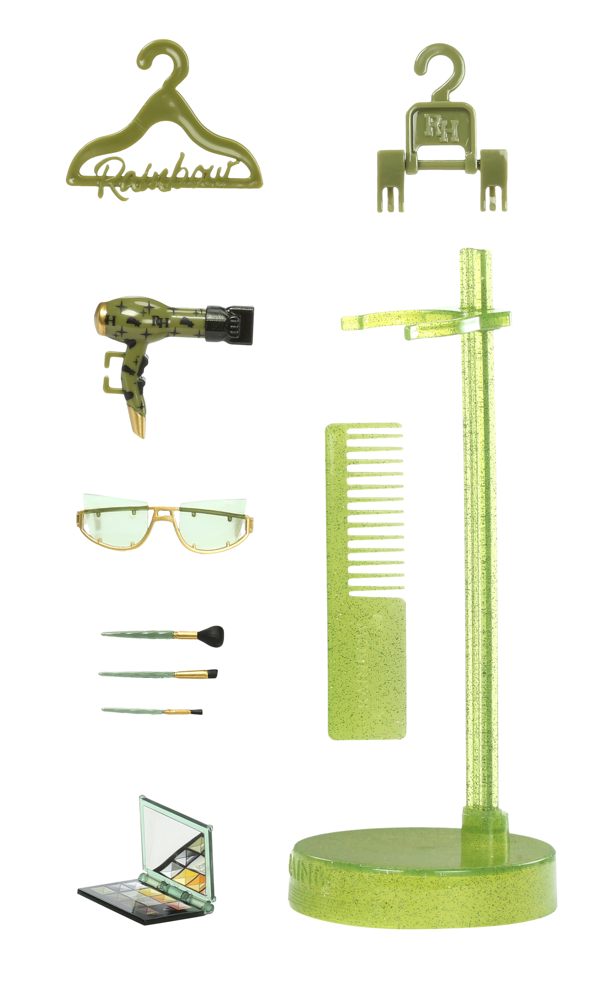 Zielone akcesoria dla lalki, w tym wieszak, suszarka do włosów, okulary, grzebień i zestaw do makijażu.