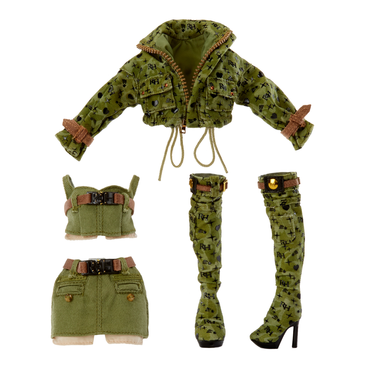 Zestaw ubrań dla lalek: kurtka, top, spódnica i buty, wszystko zielone z wzorem kamuflażu.
