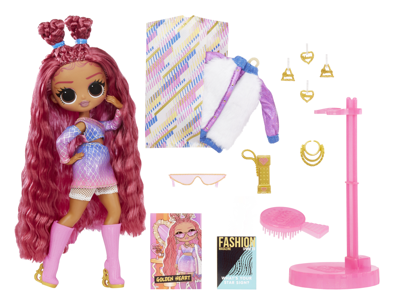 Lalka LOL Surprise z akcesoriami i stojakiem. Tło jest białe.