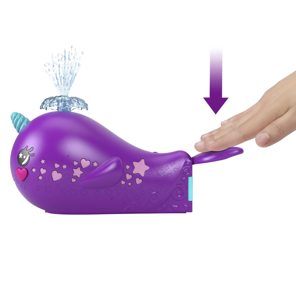 Lila Wal-Spielzeug mit einem Springbrunnen und einer Hand, die einen Knopf an der Seite drückt.