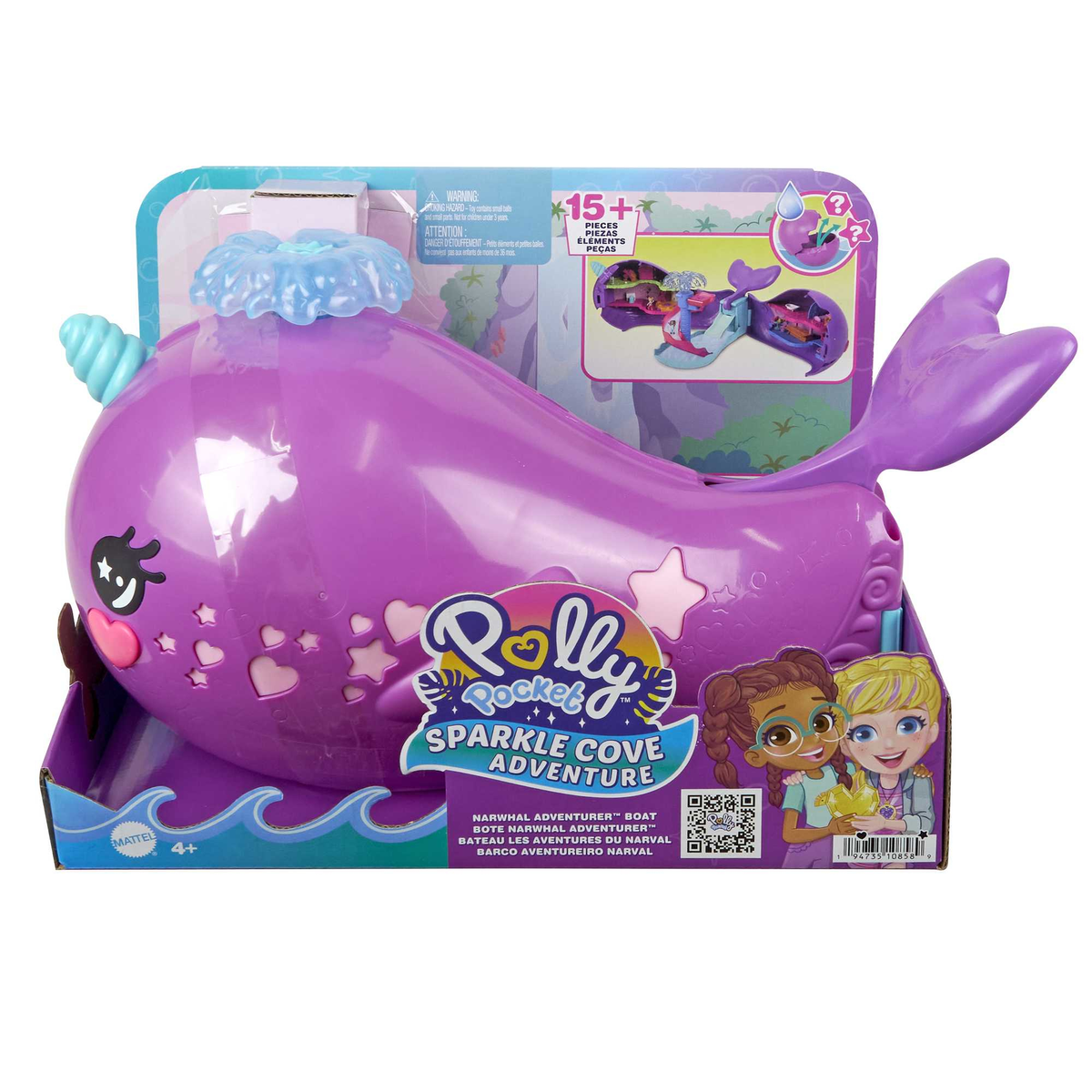Polly Pocket Spielzeug in einer Box. Es ist ein lilafarbener walförmiger Spielzeug mit einer Meereslandschaft auf der Box.
