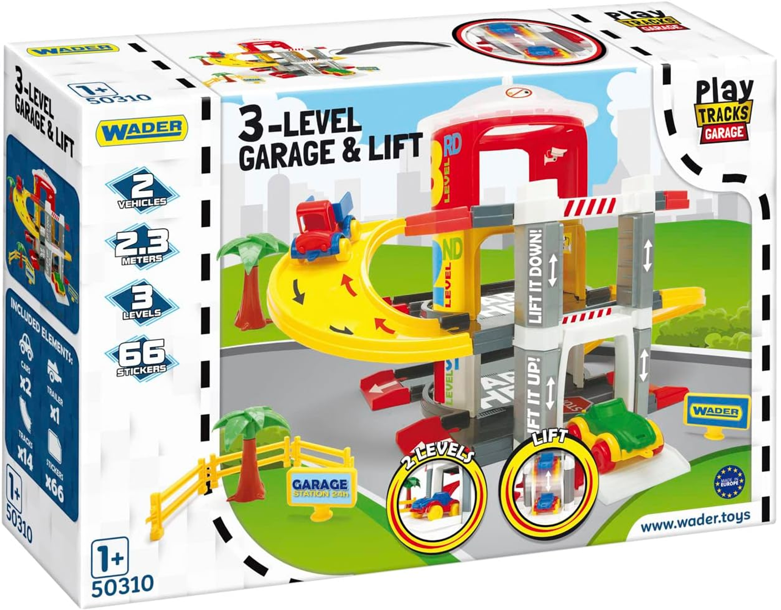 Un juego de garaje y elevador de juguete con coches y una rampa roja.