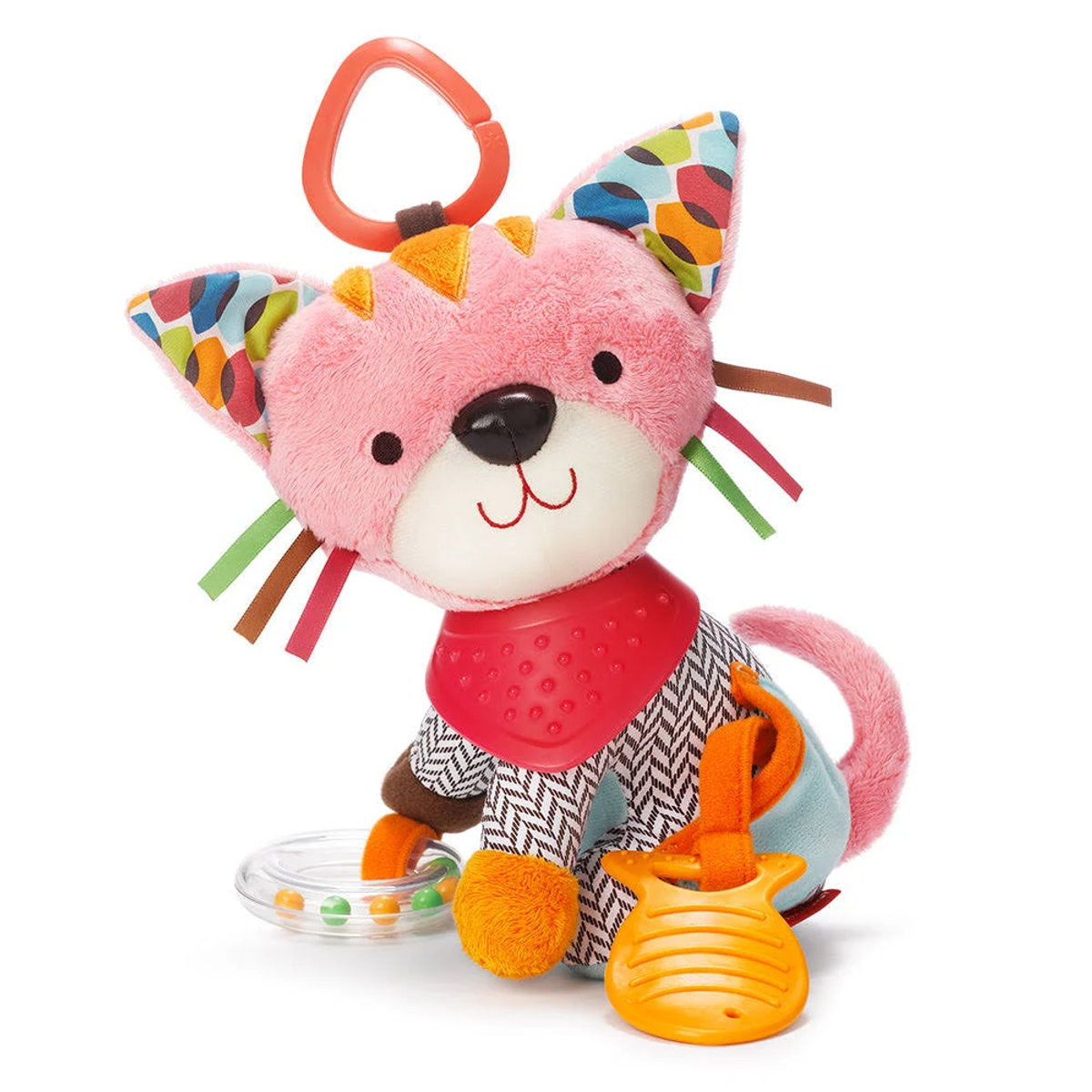 Ein rosa Katzen-Plüschtier. Es hat einen roten Kragen, einen orangen Schwanz und bunte Ohren.