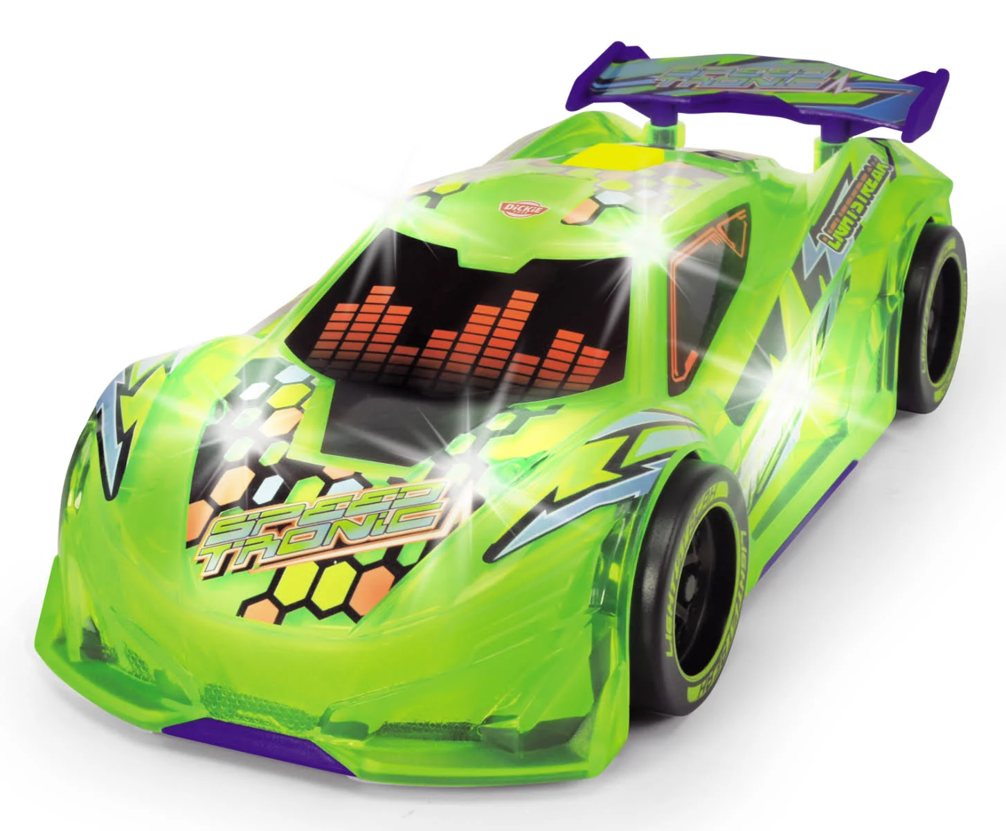Zielony zabawkowy samochód wyścigowy ze światłami i tylnym spojlerem. Z napisem 'Smash Tronic'.