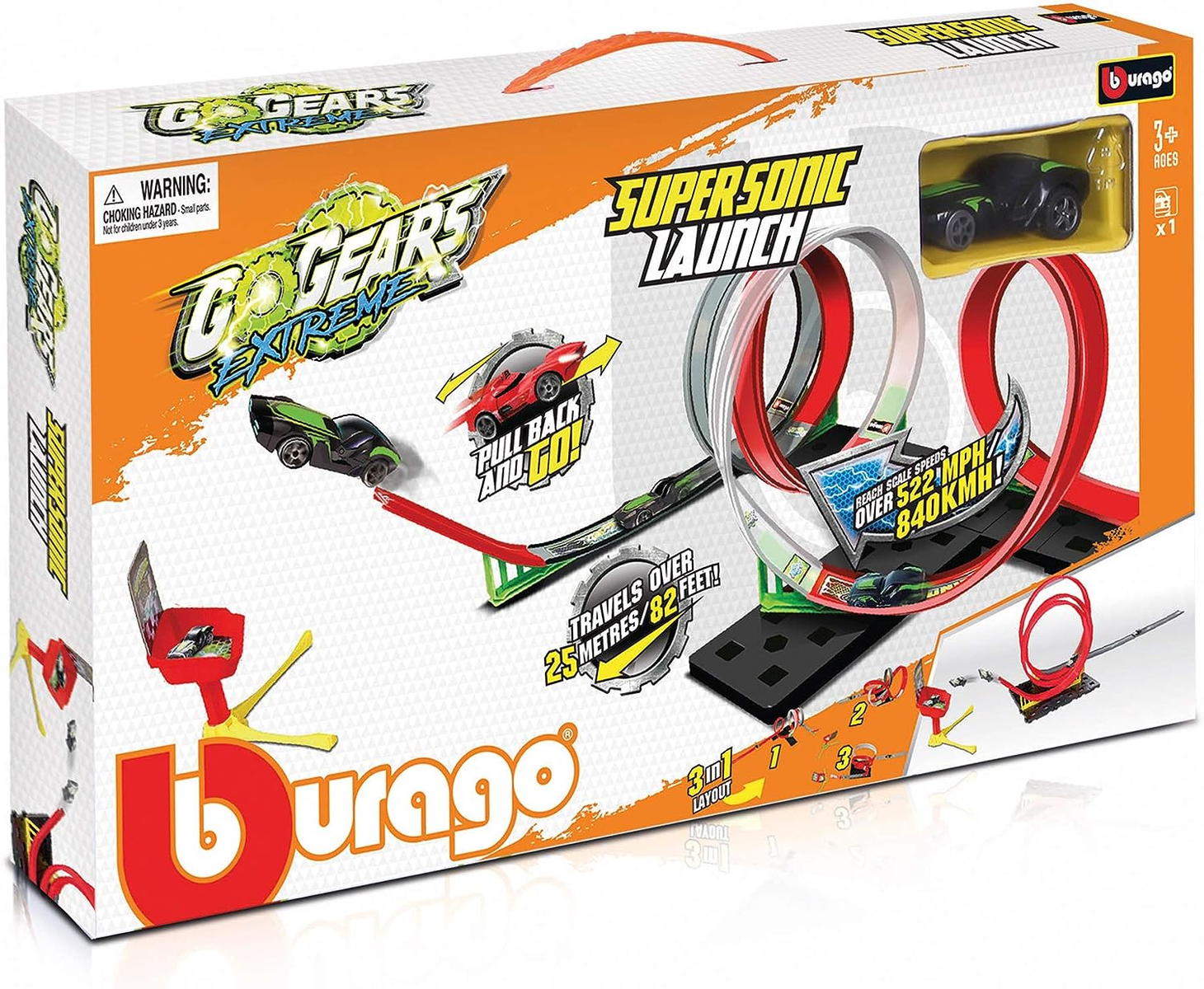 Juego de pistas de coches de juguete con un bucle y dos coches de juguete. La caja tiene gráficos coloridos.